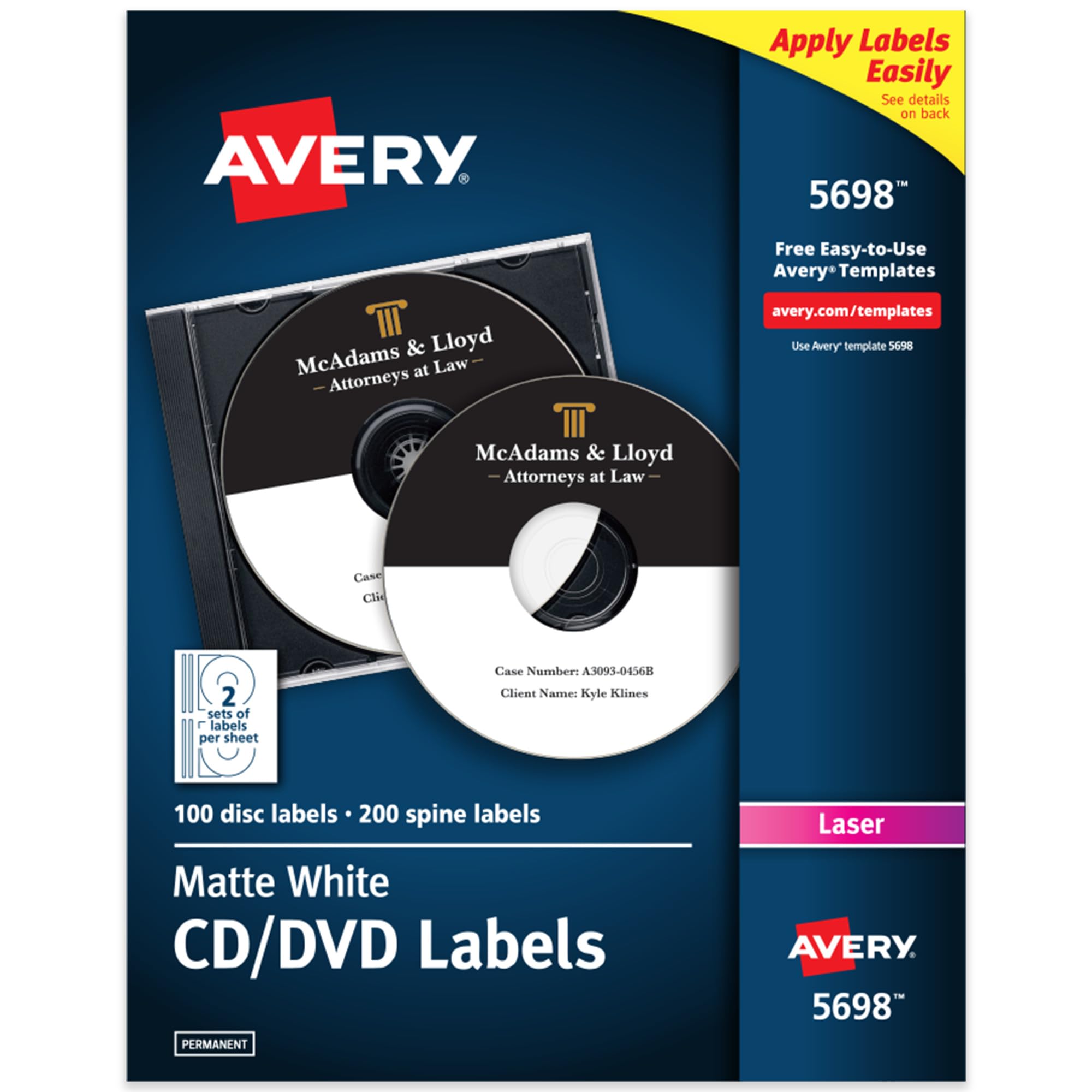Avery CD Labels for Laser Printers, White, 100 Disc Labels and 200 Spine Labels (5698)