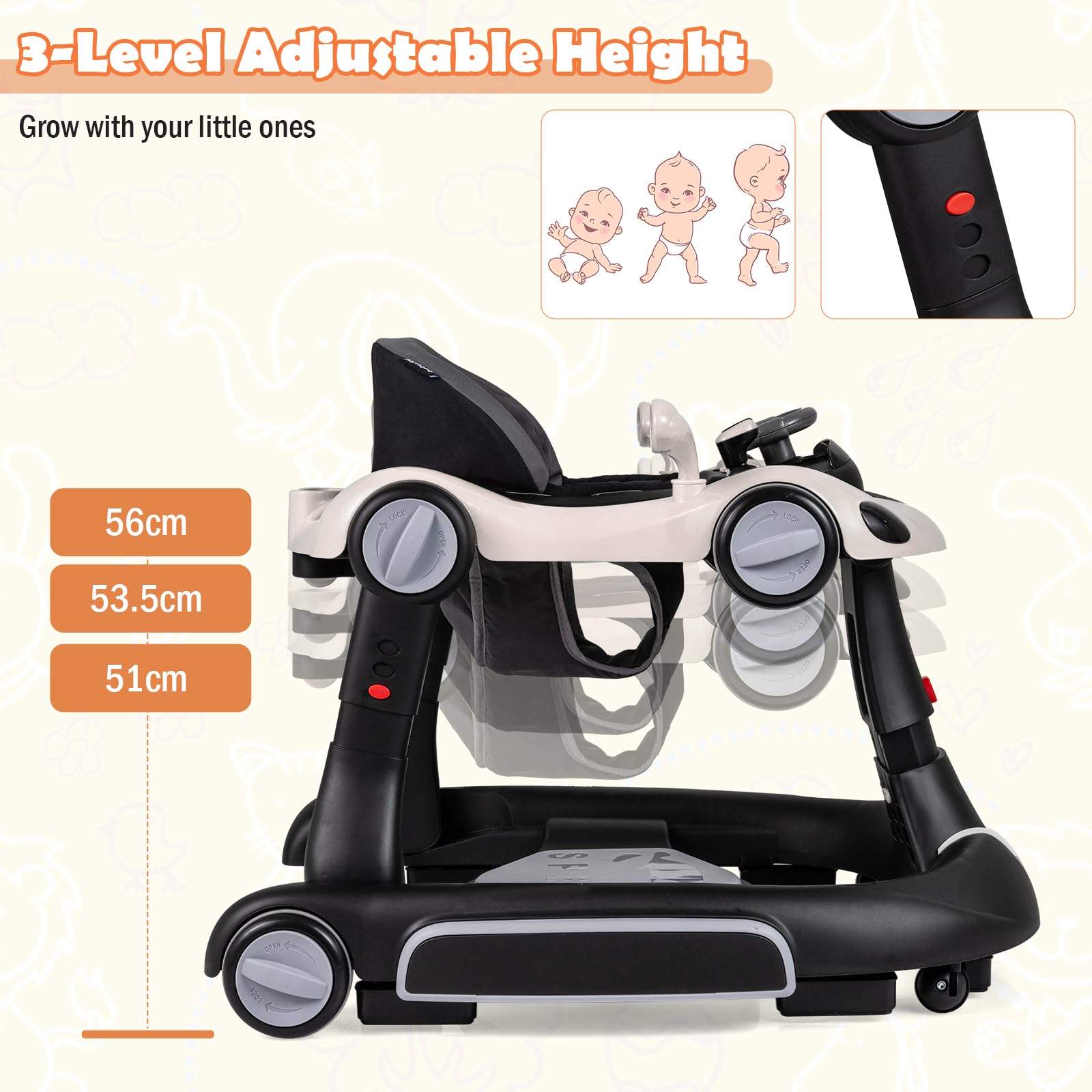 LIFEZEAL Trotteur avec Parasol pour Bébé, Trotteur 6-en-1 avec Lumières, Musique, Centre de Jeux et Plateau, Chariot de Marche à Hauteur et Vitesse Réglables pour Bébé 7 à 18 mois (Noir) - 5