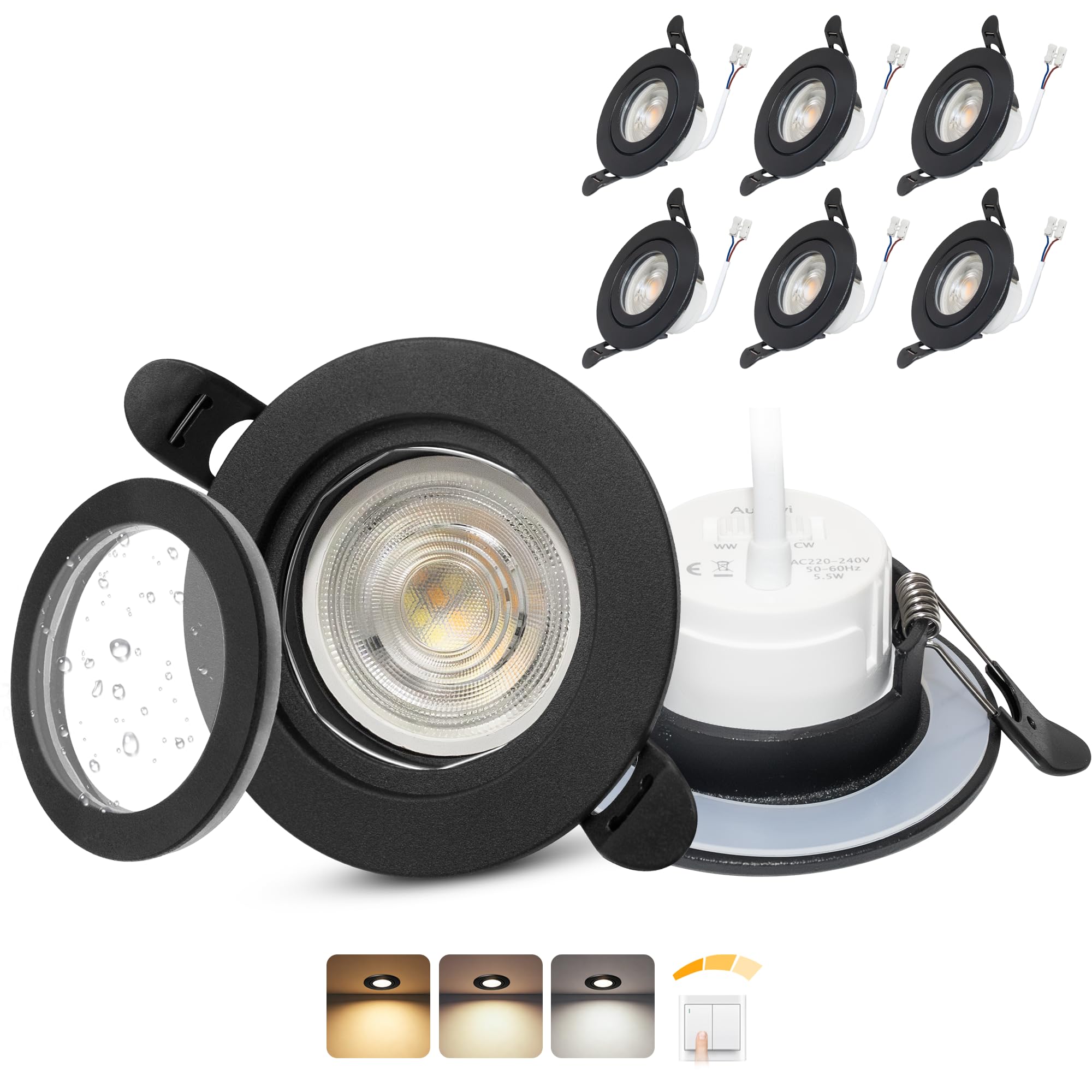 LED Einbaustrahler 230V Dimmbar IP65, 6W 3CCT 3000K/4000K/6000K LED Spots Deckenleuchte, Einbauleuchten 58-75mm Lochmaß Ultra Flach Einbauspots, Deckenspots für Badezimmer, Schwarz 6er Set