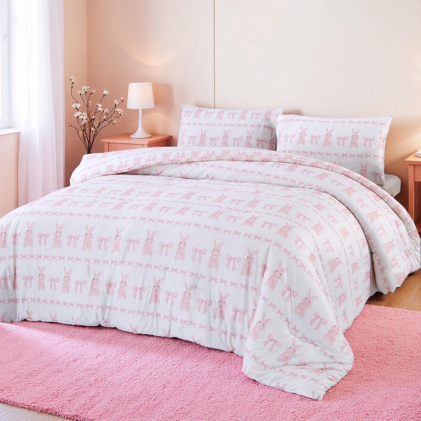 MAG 3Pcs Queen Microfiber Jersey Knit Bedding,Cute Rabbit Comforter Queen Size,Pink Easter Theme Cooling Bedding,All Season with 1 Comforter2 Pillowcases for Kids Girls,Elastic Wrinkle and Super Soft.