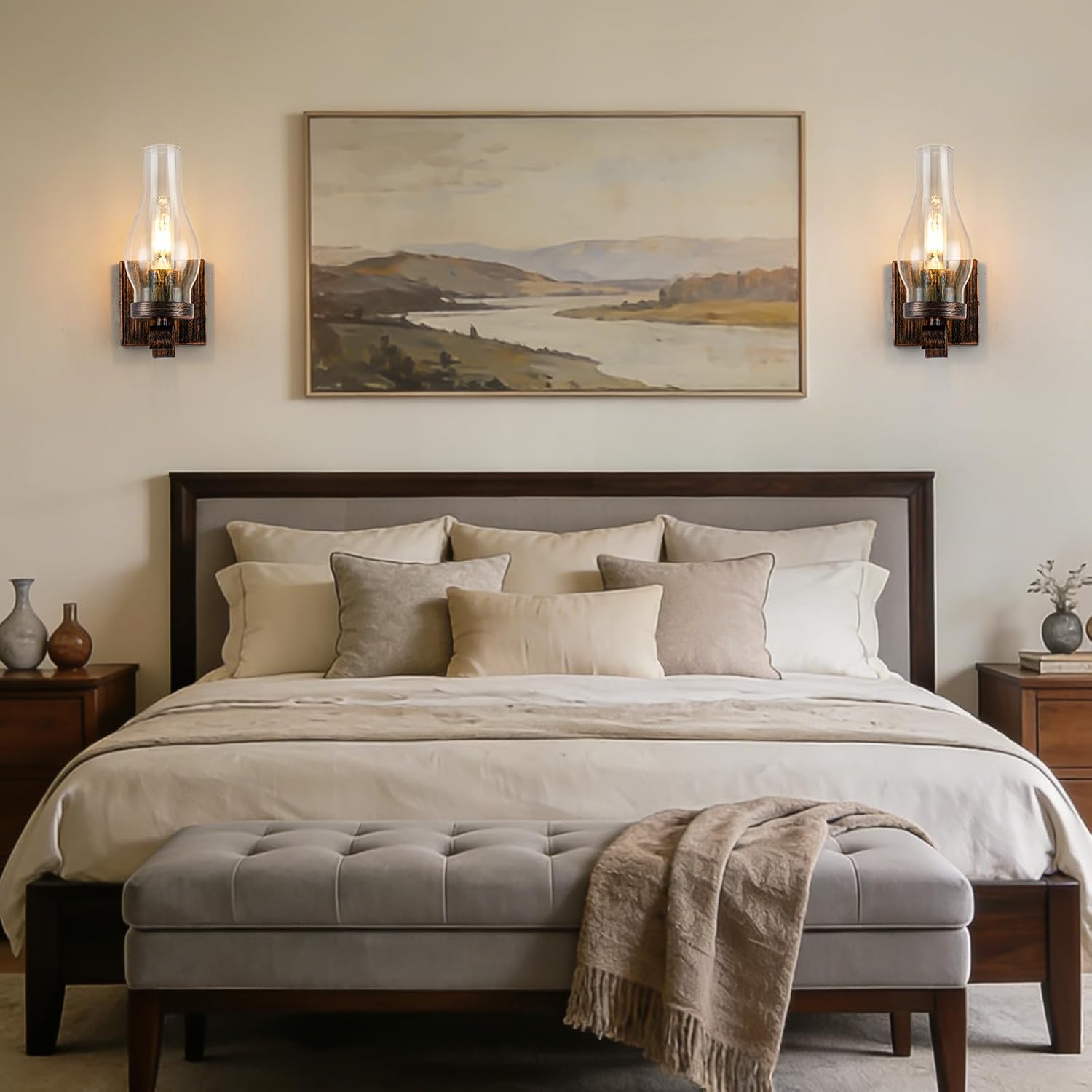 Rustic Wall Lights Sets of 2, Hardwired Antique Kerosene Wall Lamps, Vintage Bedside Gold Wall Sconces, Retro Rustic Hardwired Wall Sconce Indoor for Living Room, Bedroom, Hallway etc