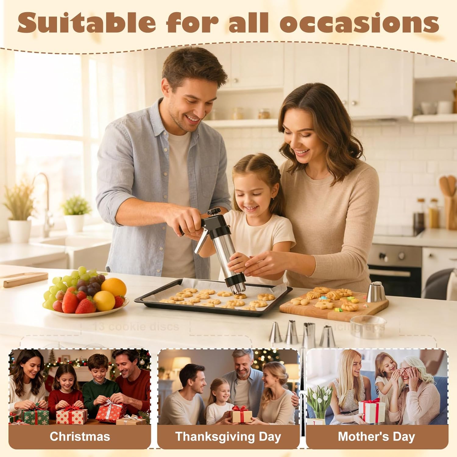 Cookie Press Gun Kit, Stainless Steel Spritz Cookie Press with 13 Discs & 8 Icing Piping Tips, Baking Cookie Maker, Icing Decorating Gun for Cookies Cakes Pastry Dessert Baking Decoration