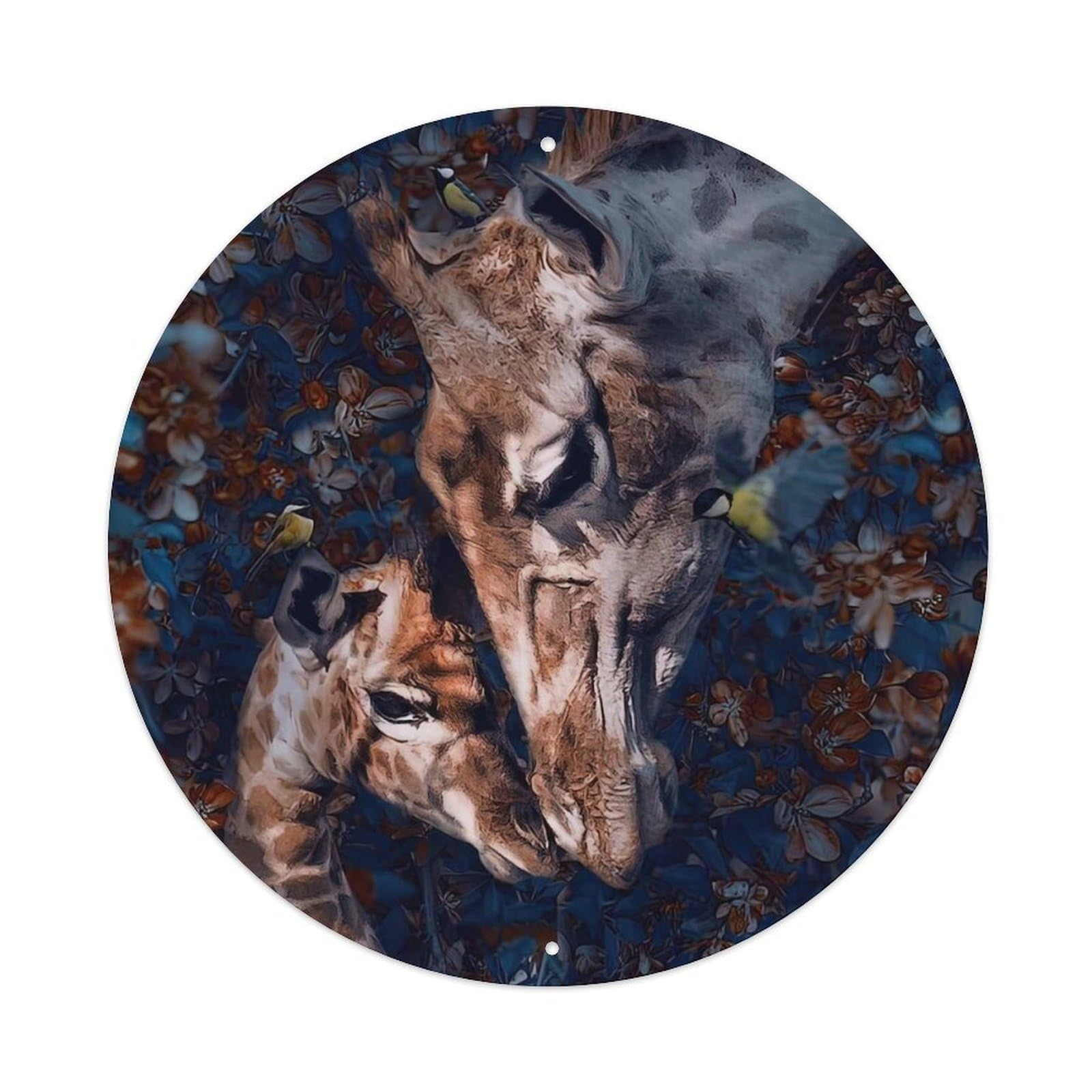 Animal Wildlife Giraffe Calf Affectionate Bond in Floral Botanical Garde Vintage Metal Tin Sign Plaque Wall Decor for Cafe, Club Bar, Office, Garden Metal Poster 8x8Inch