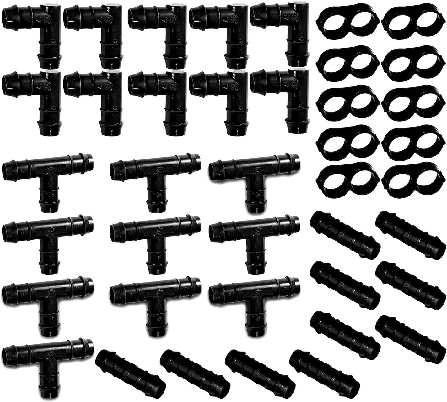 (40-Piece) - Irrigation Fittings Kit for 1/2" Inch Tubing - Tees, Couplings, Elbows, End Cap Figure 8 Plugs - Barbed Connectors (Rain Bird 17mm .600 ID Drip or Sprinkler Systems) (Brown Pro Kit)