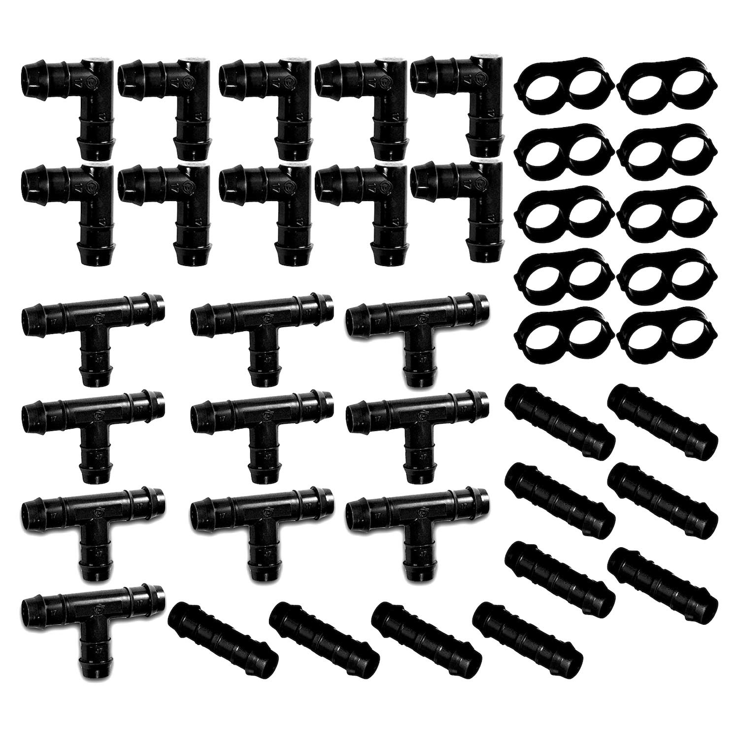 (40 Piece) - Irrigation Fittings Kit for 1/2" Inch Tubing - Tees, Couplings, Elbows, End Cap Figure 8 Plugs - Barbed Connectors (Rain Bird 16mm .520 ID Drip or Sprinkler Systems) (Black Pro Kit)