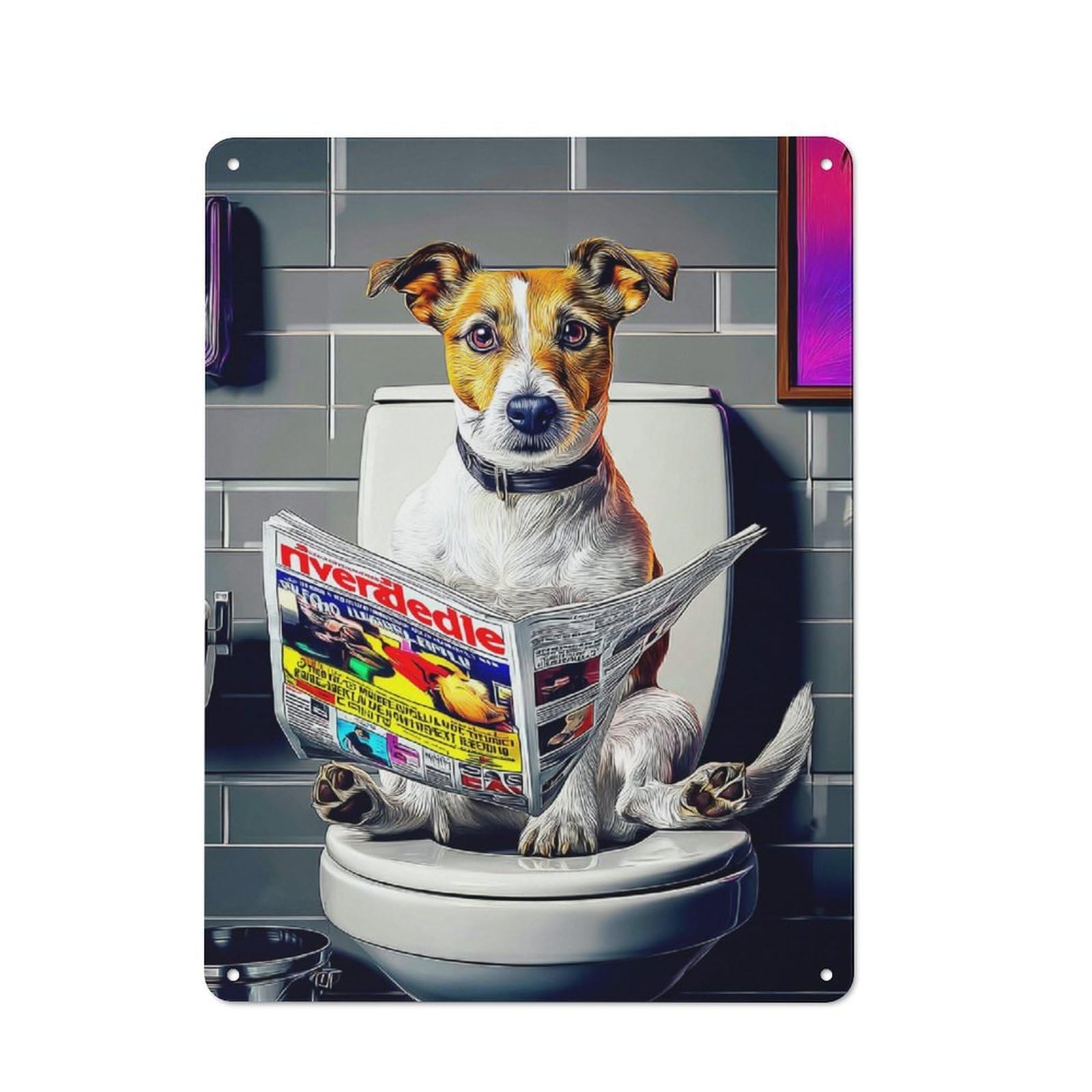 Junmoney Dog Reading Newspaper On Toilet-24 Metal Wall Sign 40X30cm Featuring For Garage Or Workshop, For Vintage Wall Decor Fans, For Metal Sign Collectors
