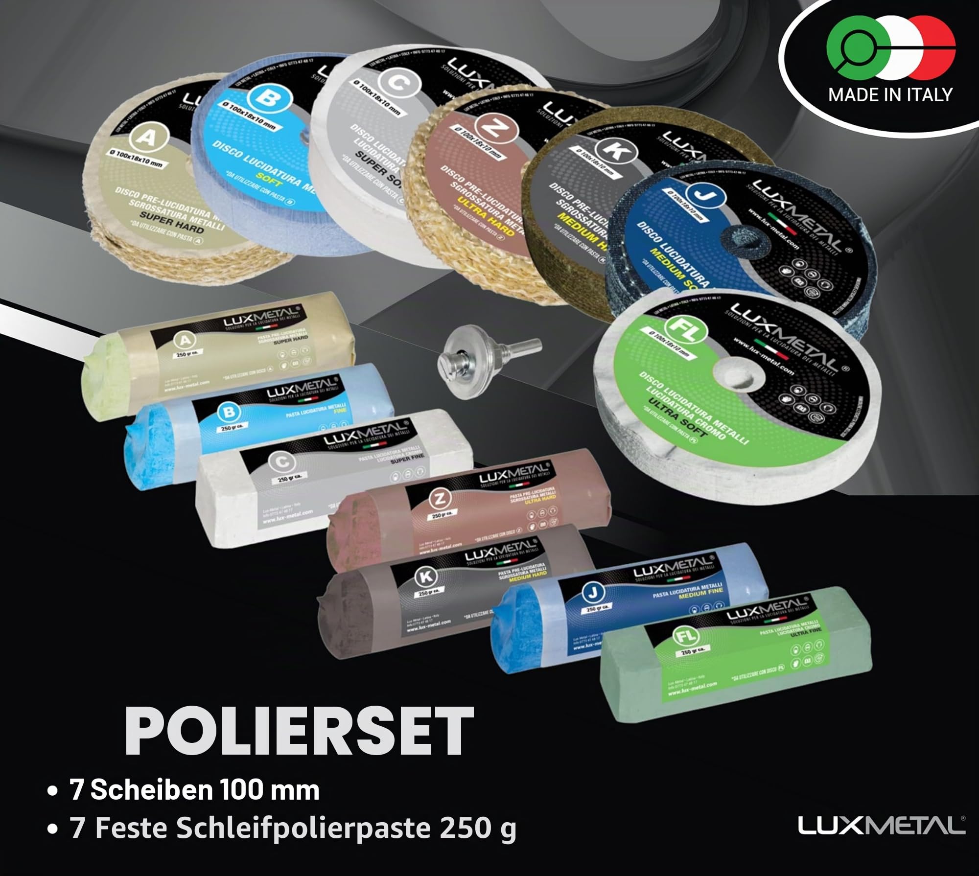 Polierset 7 Polierscheibe 100 mm - 7 polierpaste 250 g, set DIY kit Schleifpaste Metall, Aluminium, für Bohrmaschine, Edelstahl, Messing, Kupfer, Holz, Kunststoff, schleifmaschinen, messer