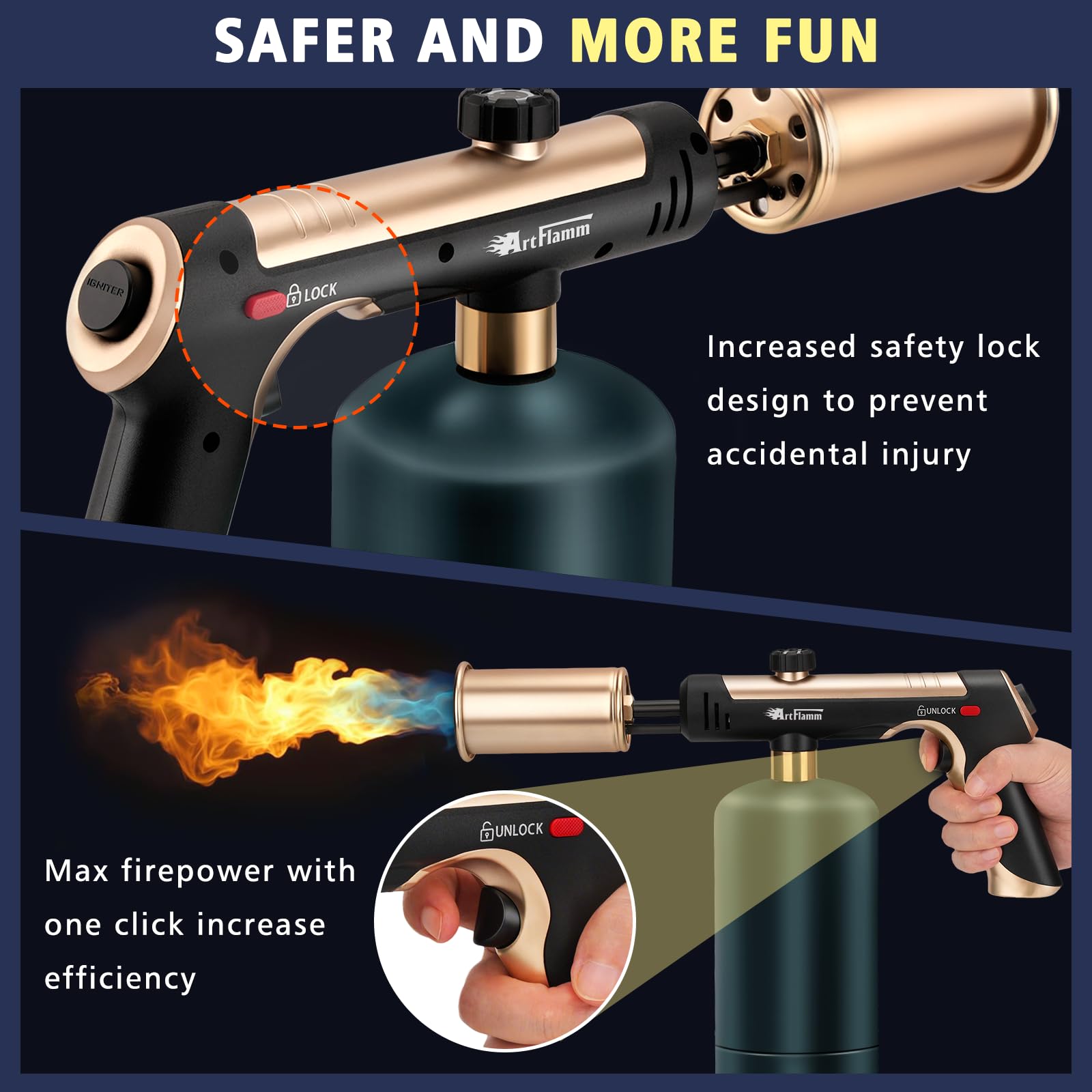 ARTFLAMM Linterna de propano con modo turbo, pistola lanzallamas con bloqueo de seguridad, pistola de soplete para cocinar, cabezal de antorcha de cocina para parrilla, filetes, barbacoa, encendedor