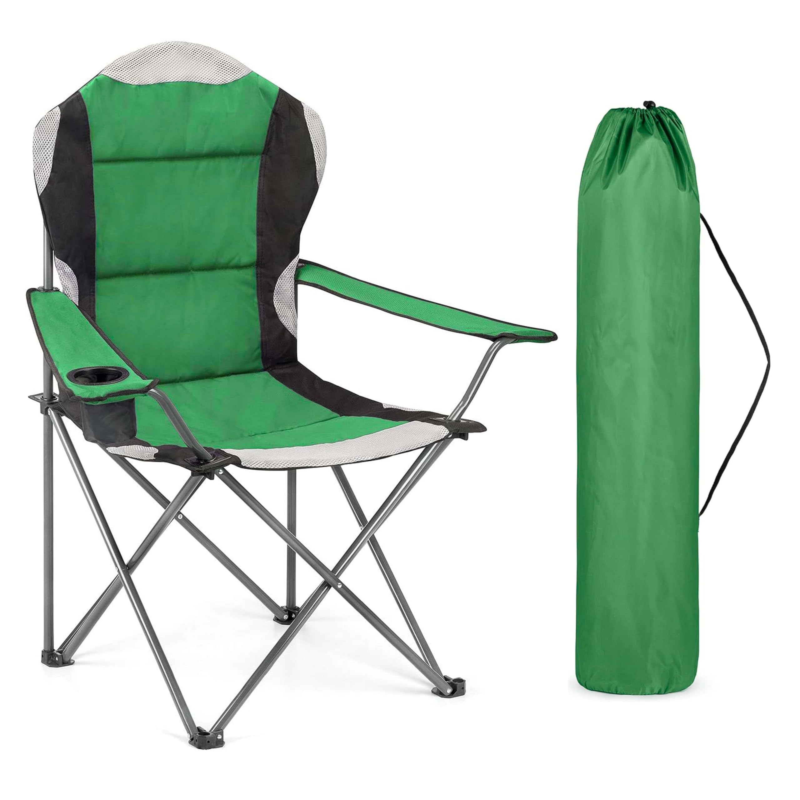 ADEPTNA High Back Folding Camping Chair Luxury Padded Seat Heavy Duty Tubular Steel Frame, Cup Holder Armrest Carry Bag Portable Outdoor Chair Camping Fishing Garden Festival Ideal Summer (GREEN)