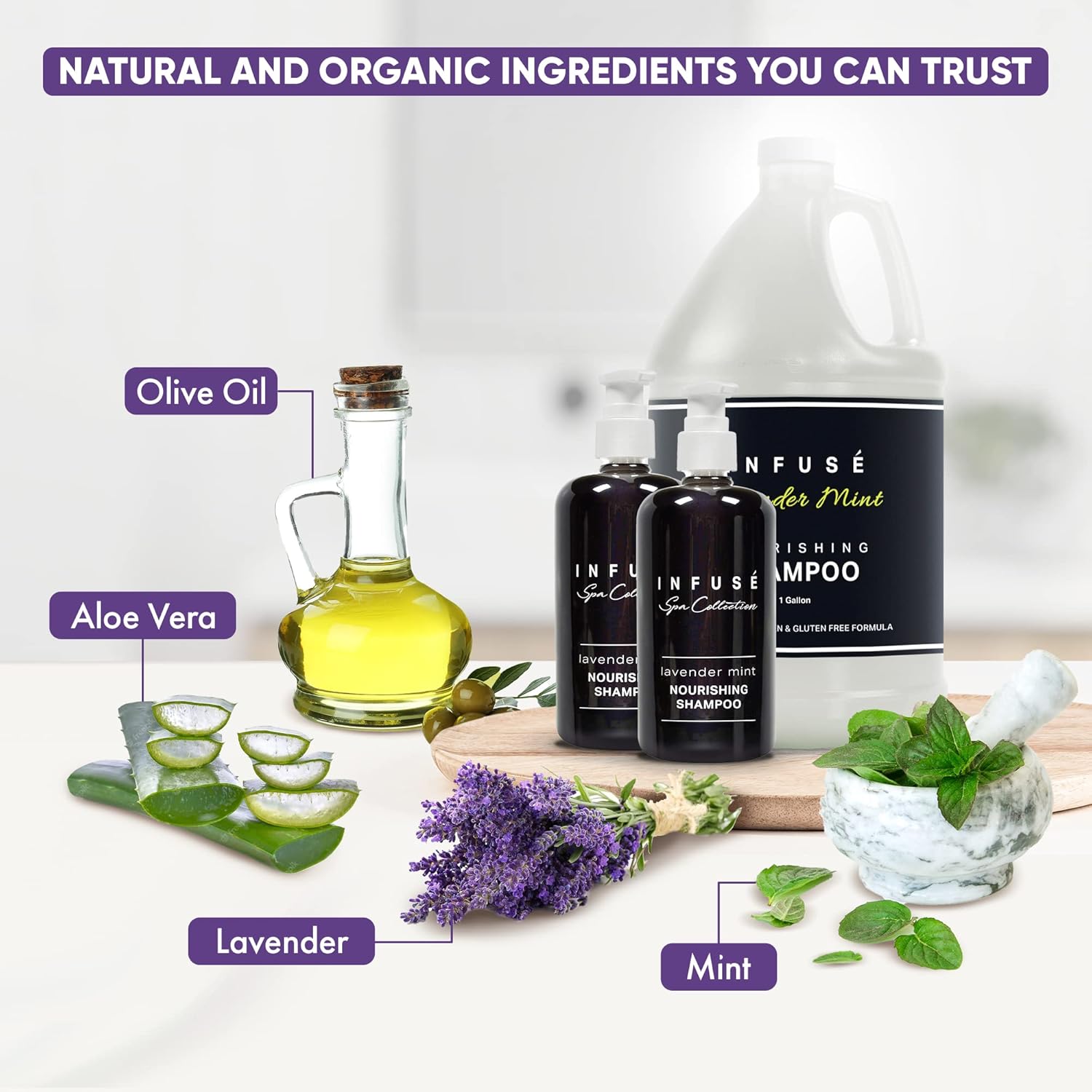 Infuse Lavender Mint Gallon & Dispenser Set | 1-Shoppe Amenities Kit | Shampoo, Conditioner, Body Wash | Refillable 10.14 oz Pump Bottles - Image 5