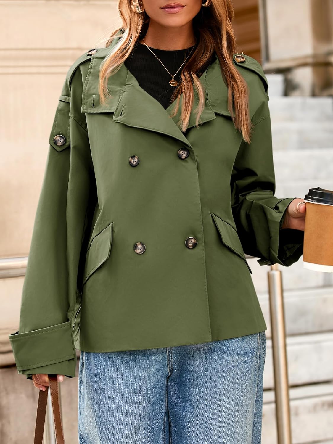 Tankaneo Womens Cropped Trench Coat Oversized Double Breasted Stand Collar Short Jacket Fall Casual Work Outerwear - Image 3