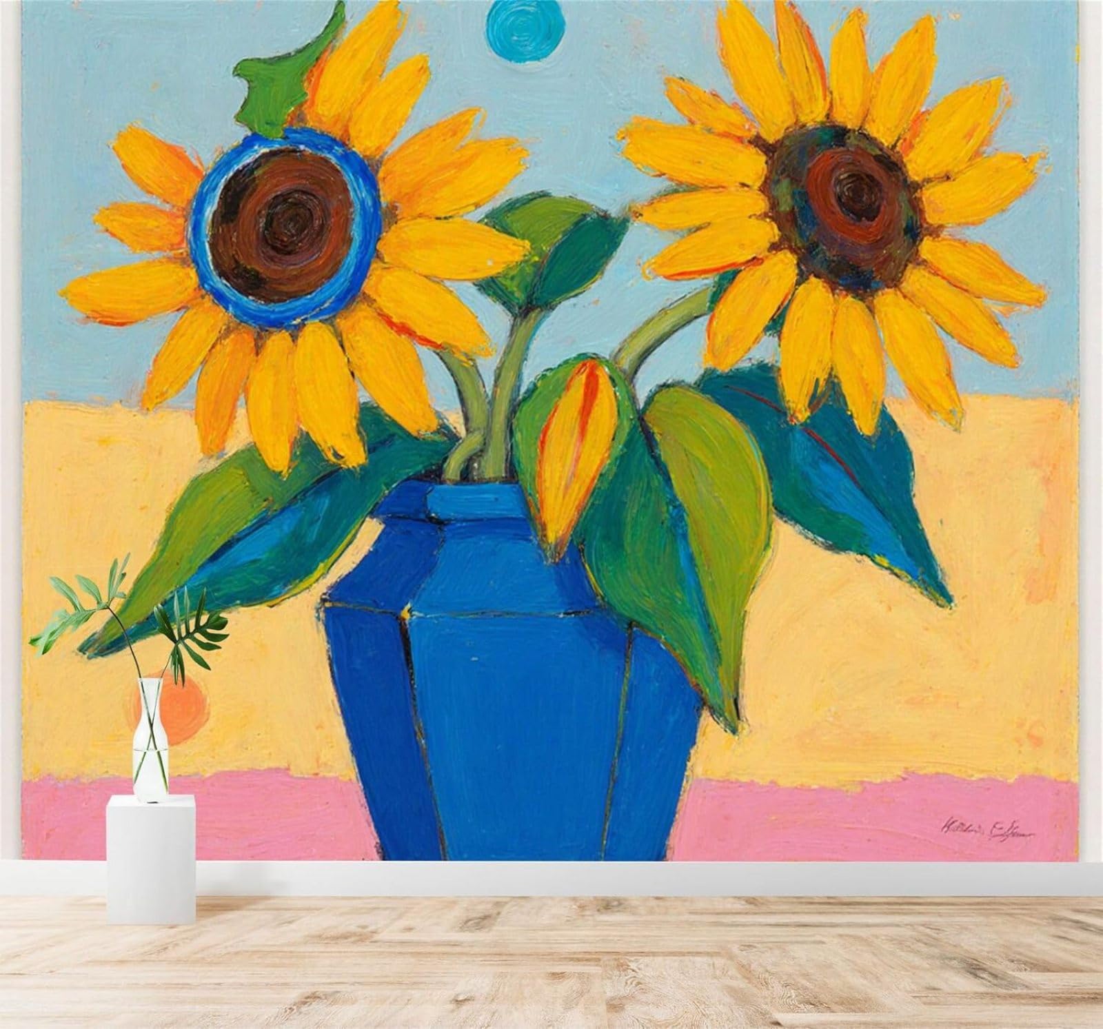 Xlming 350Cm×256Cm(B×H) Blue Vase Colourful Sunflowers Abstract Painting Art 3D Wallpaper Silky Texture Home Study Office Grey Dining Room Sofa Bedroom Living Room Tv Backdrop-350Cm×256Cm