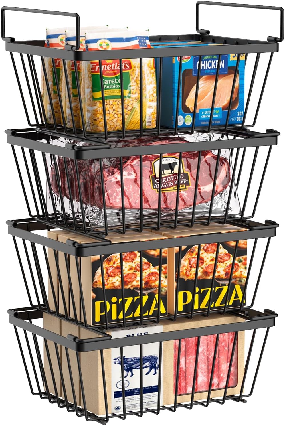 Freezer Organizers Bins with Folding Handles，4 Pack Stackable Upright Freezer Organizers Baskets for 5-7 Cu.Ft Deep Freezer Storage, Increased Space for Food Storage, Easy to Access，Black-image-7