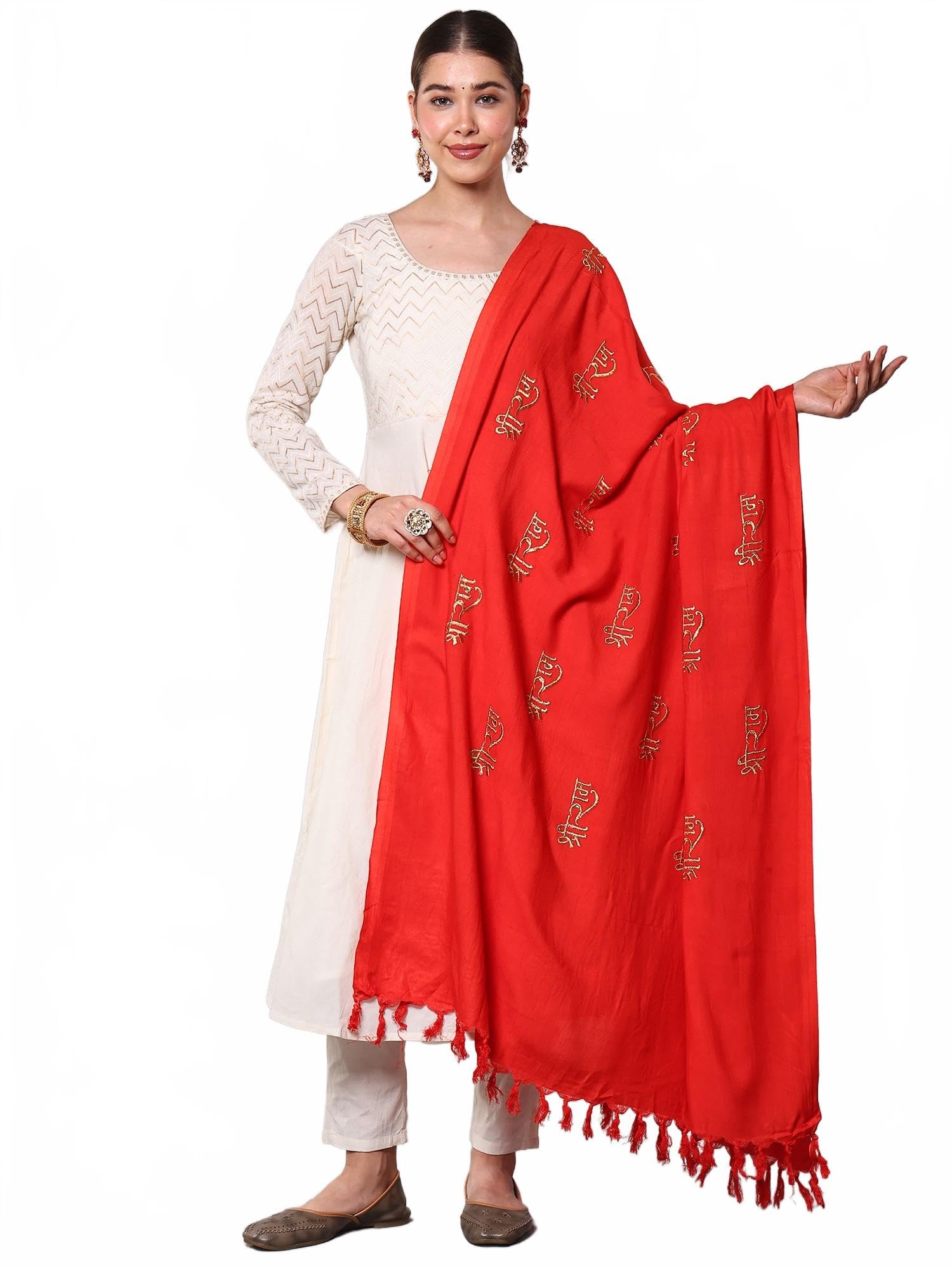 exotic india Women's Polly Cotton Prayer Shawl with Woven Shree Ram and Zari Embroidery Design Stole, Scarves for Puja Festive-picture-30