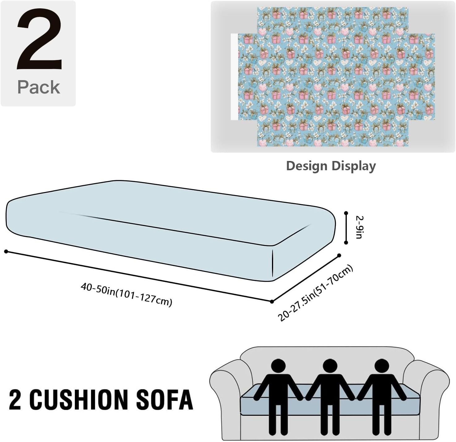 Sweet Gift Motif Blue Loveseat Covers Couch Covers for 2 Cushion Couch, 2-Piece Stretch Sofa Slipcovers Anti-Slip Washable Furniture Protectors for Dogs Pets