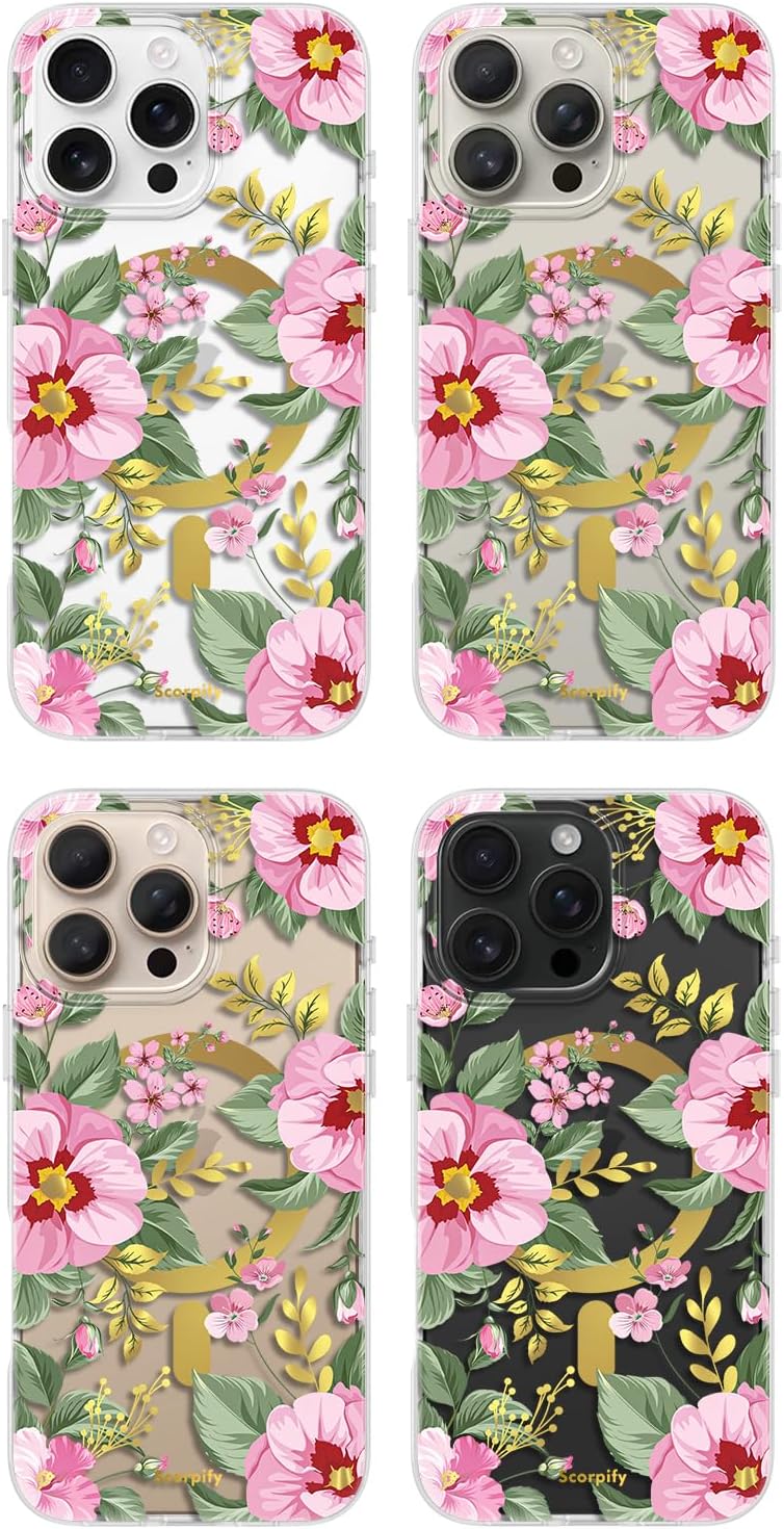 SCORPIFY for iPhone 16 Pro Case [Compatible with MagSafe] with Pink Primrose Floral Design, Cute Clear Flower Magnetic Phone Cover for Women Girls, Slim Shockproof Bumper with Gold Accents