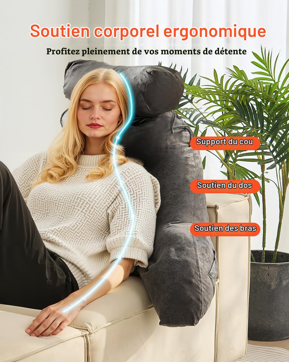 VEVOR Coussin de lecture avec appui-tête amovible, grand oreiller de lecture en mousse à mémoire de forme, avec 3 poches et tissu en velours court lavable, côtés avec poignée, pour lire et jouer, gris