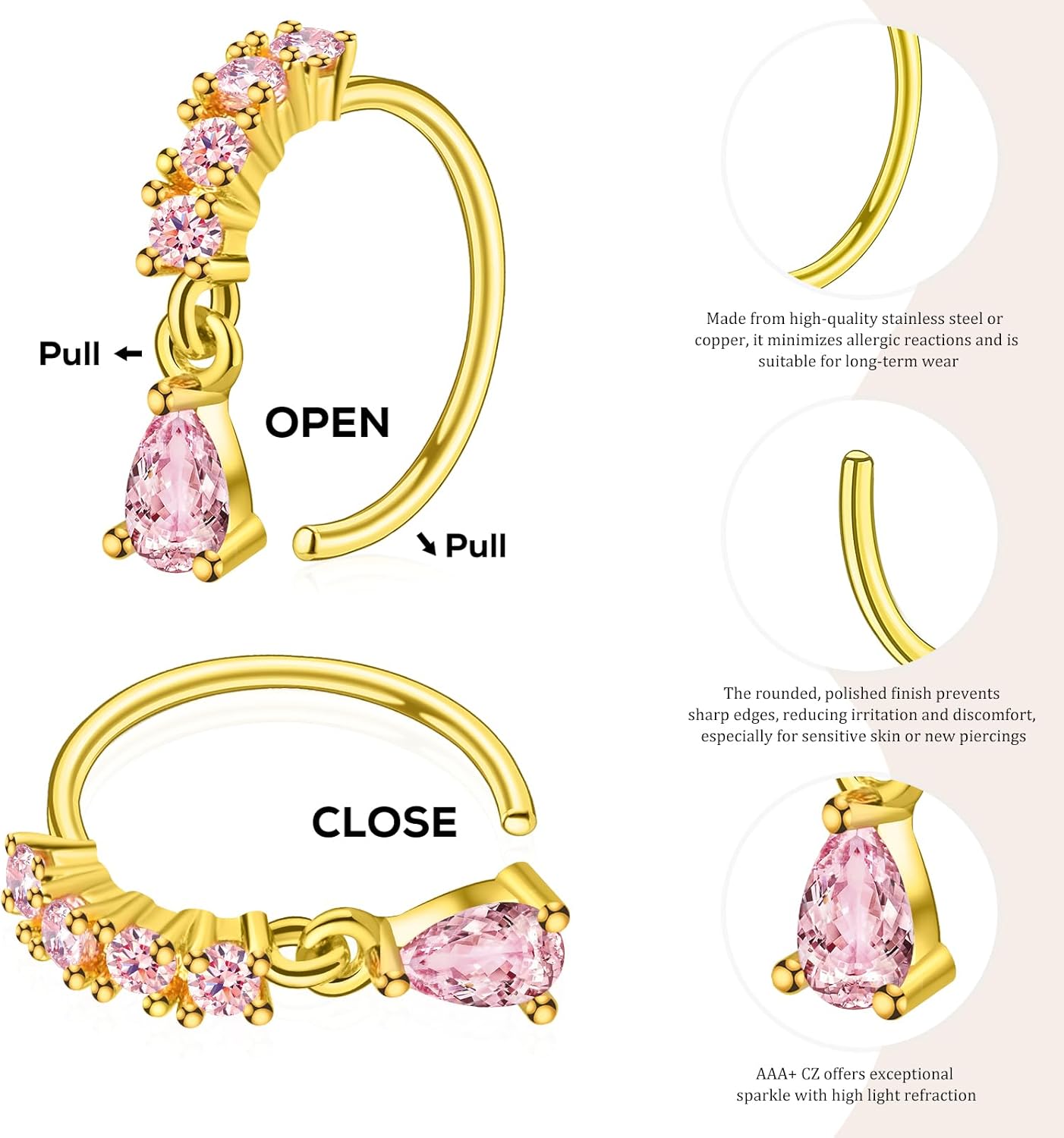 Hoop Nose Rings for Women Nose Piercings 20G Stainless Steel Nose Rings Hoops Heart Butterfly Flower Bow Teardrop Double Nose Hoops Gold Plated Silver Pink Clear CZ Nose Piercing Jewelry - Image 5