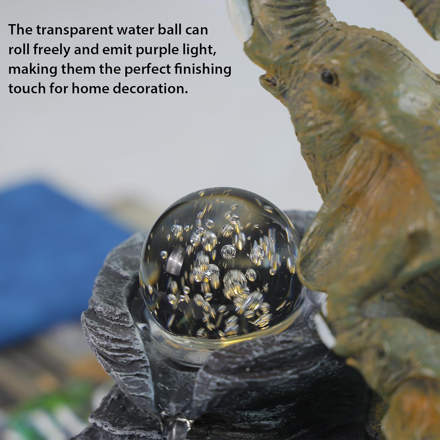 Elephant Tabletop Fountain with Rotating LED Crystal Ball & Cascading Rocks, 10.8" Indoor Waterfall Decor for Living Room,Office,Bedroom,Study,Zen Elephant Lover Gift