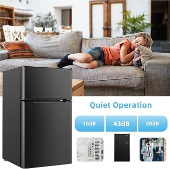 3.2 Cu.Ft Mini Fridge with Freezer, Compact Mini Refrigerator with 2 Reversible Doors, Adjustable Thermostat, Removable Glass Shelves, Low Noise Small Refrigerator for Office, Dorm (Black)