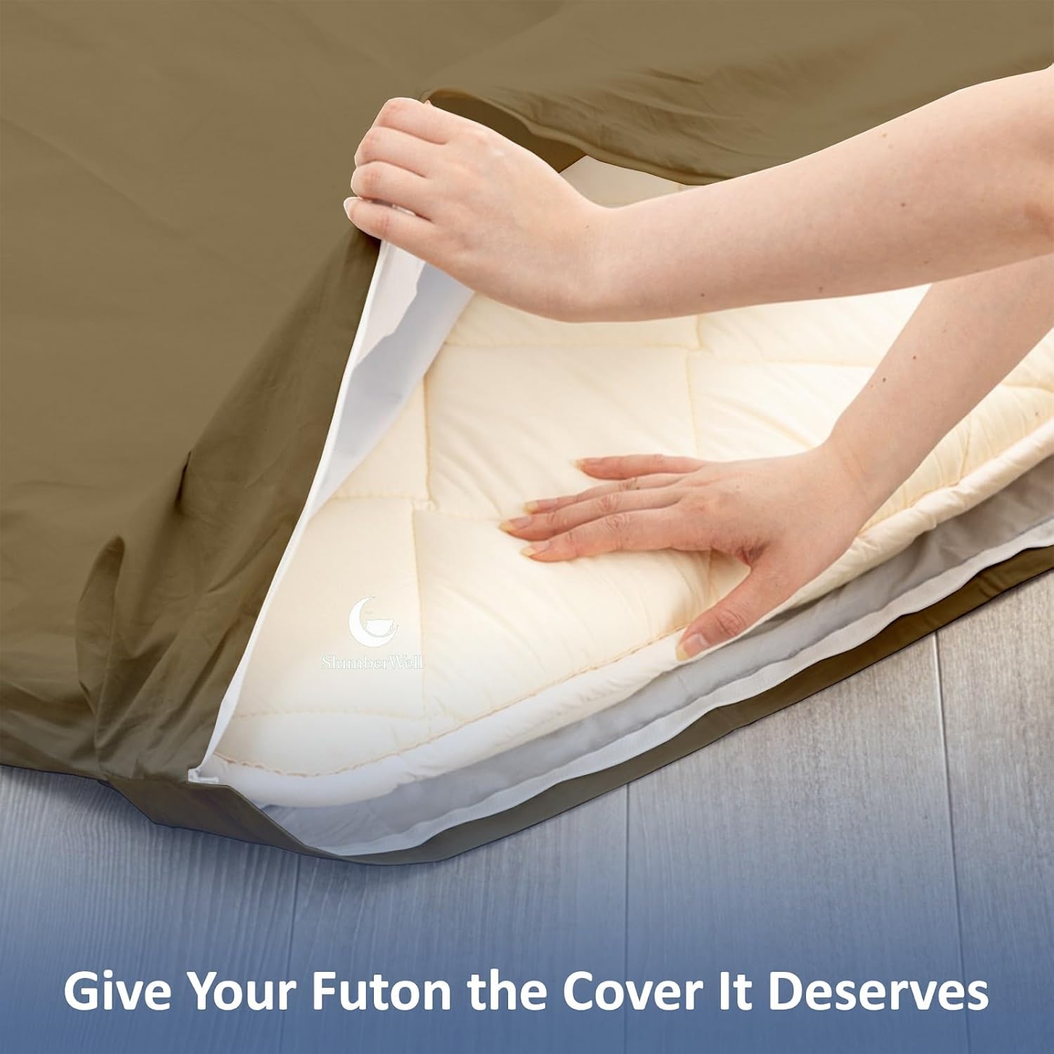 100% Cotton Full XL Size Zippered Futon Cover, Japanese Shikibuton Mattress Protector, Removable & Machine Washable Futon Slipcover, Taupe Solid