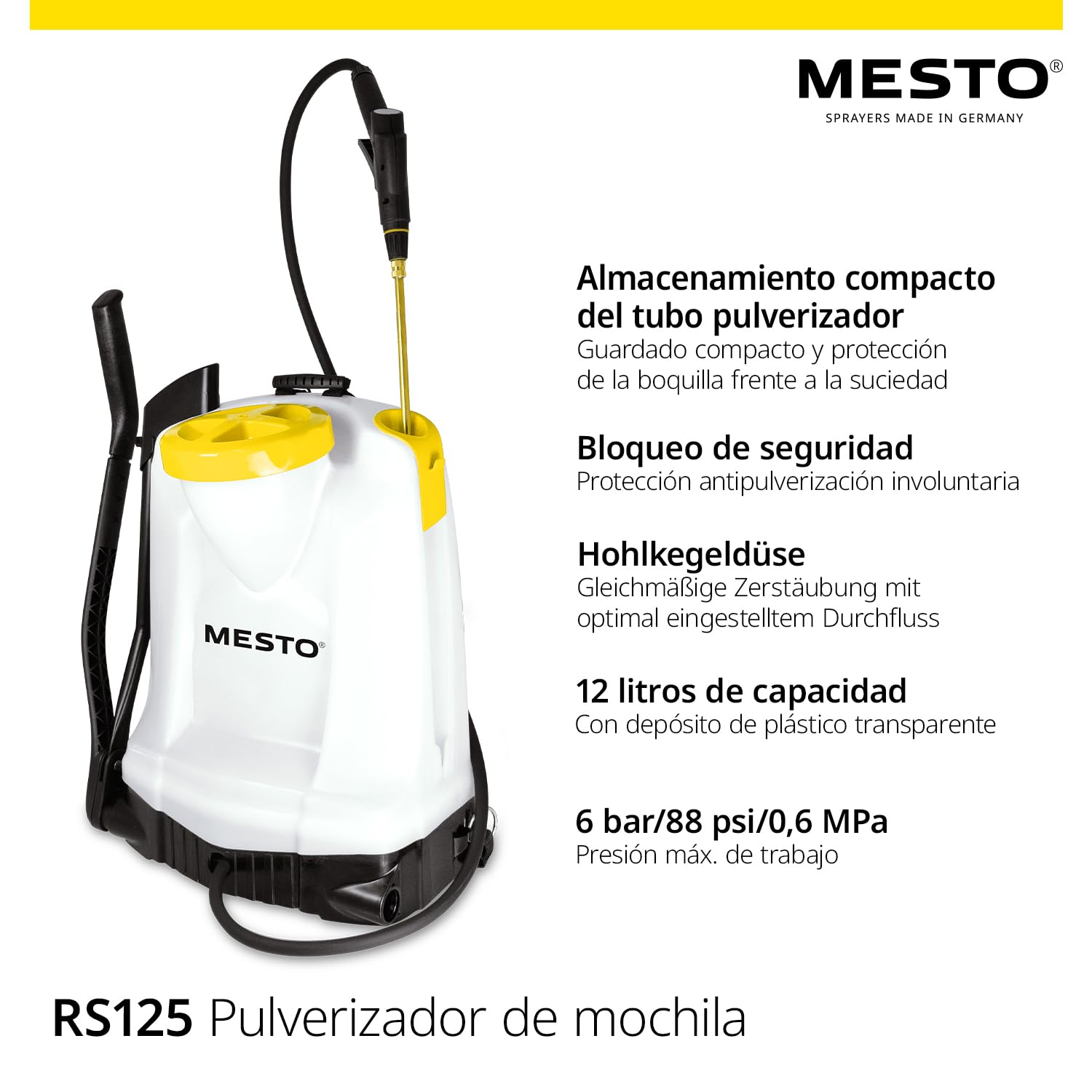 MESTO RS125 - Jeringa para espalda (12 L, incluye pantalla pulverizadora, pulverizador de jardín con 6 bares de presión, jeringa de malas hierbas para jardín, con válvula de cierre ergonómica y