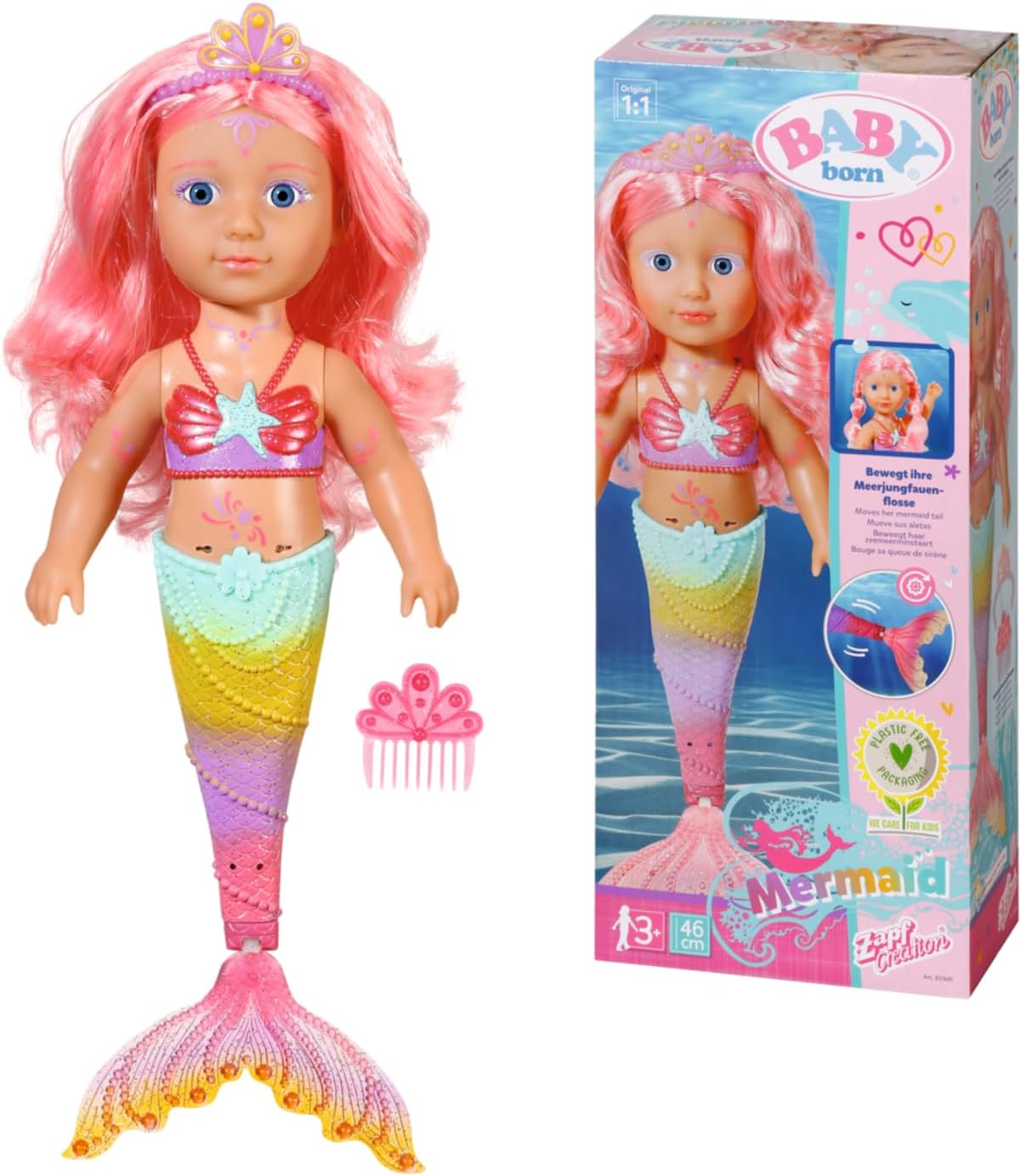 BABY born Little Sister Mermaid - 46cm Mermaid doll with body tattoos, a moving tail hair for styling - Includes comb and tiara - Suitable for children aged 3+ years - 833681