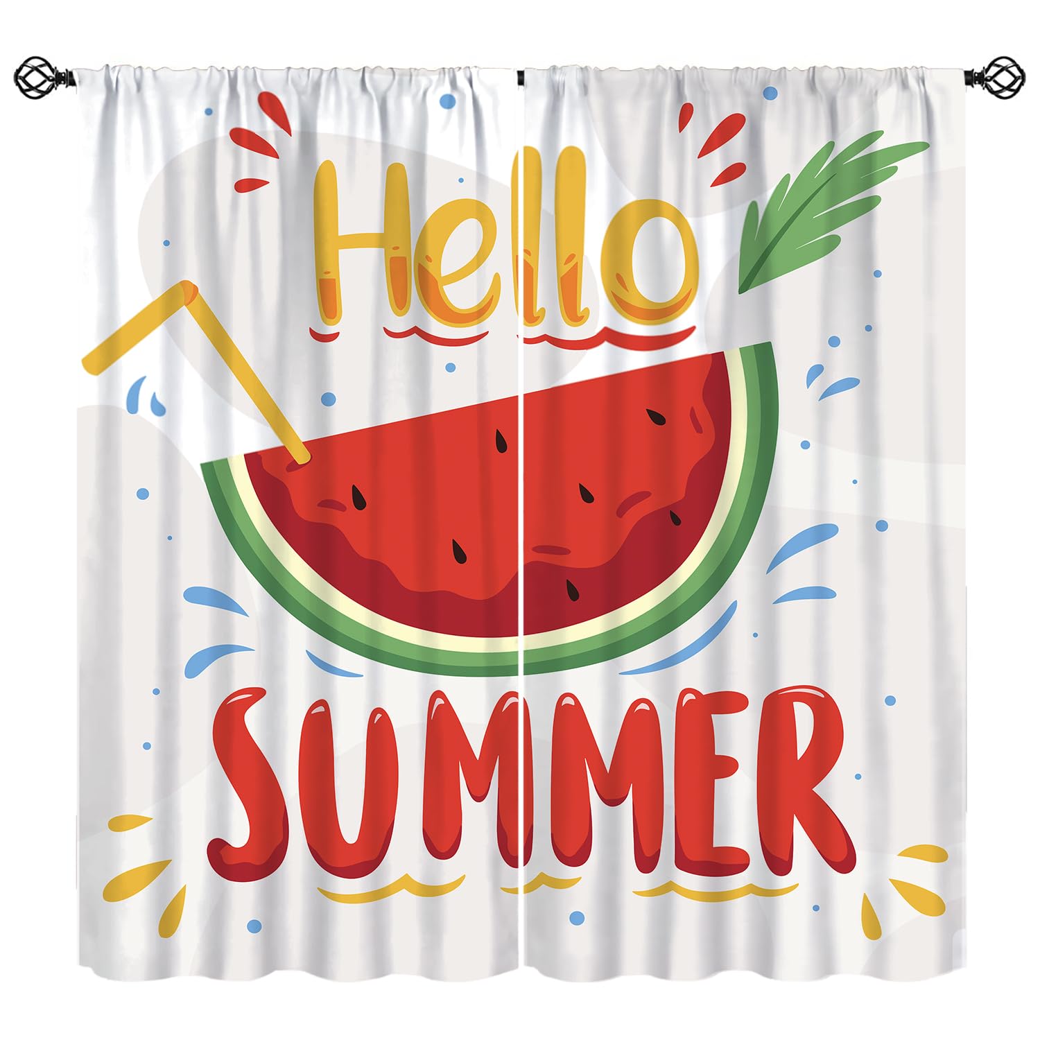 KANEPE Watermelon Fruit Curtains, Hello Summer Green Fruit Watermelon Window Treatments, Rod Pocket Thermal Insulated Drapes 2 Panel Sets for Bedroom Living Room Kitchen, 63