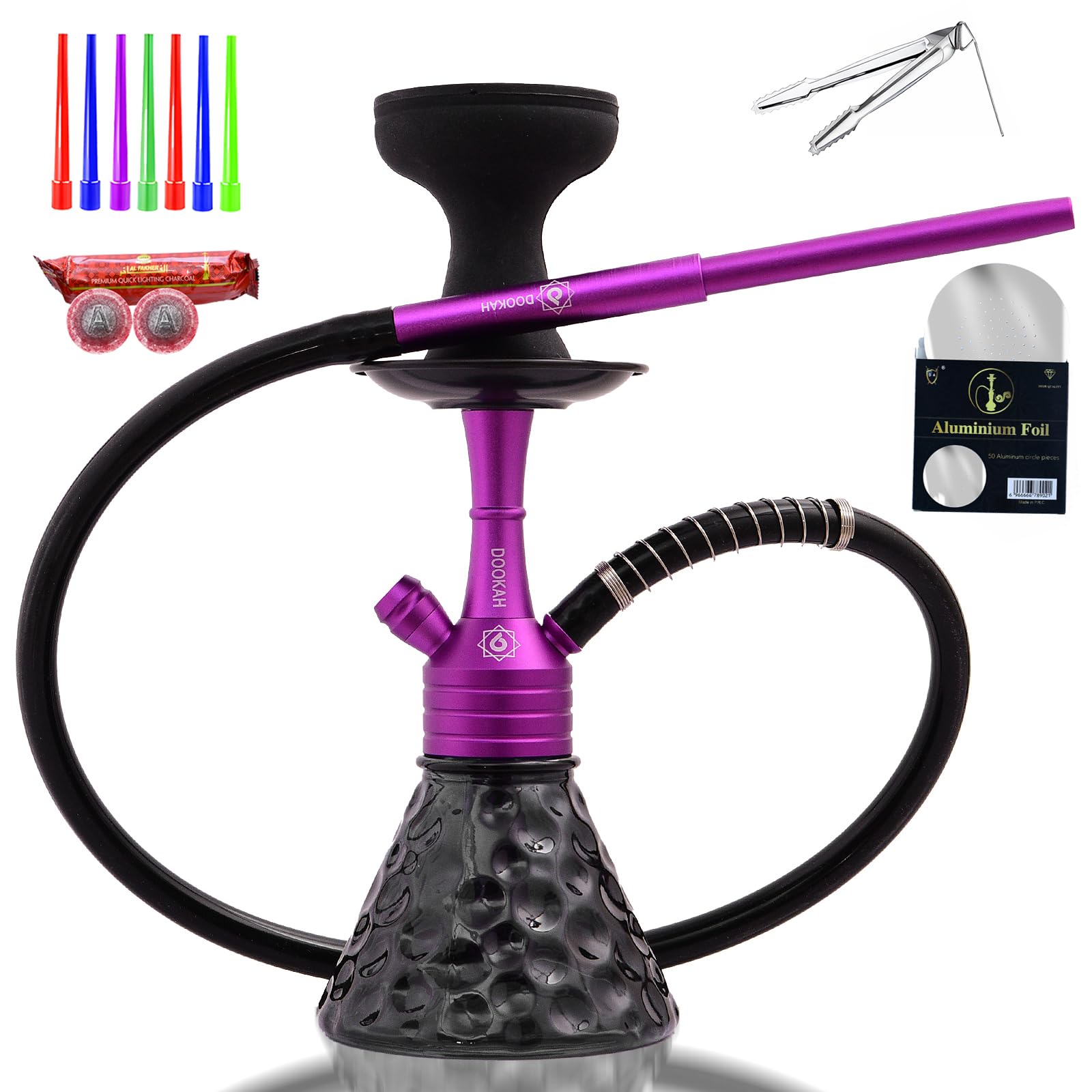 Portable Hookah Set with Everything Included - Thick Glass Mini Hookah Kit with 10 Coals 8 Mouth Tips