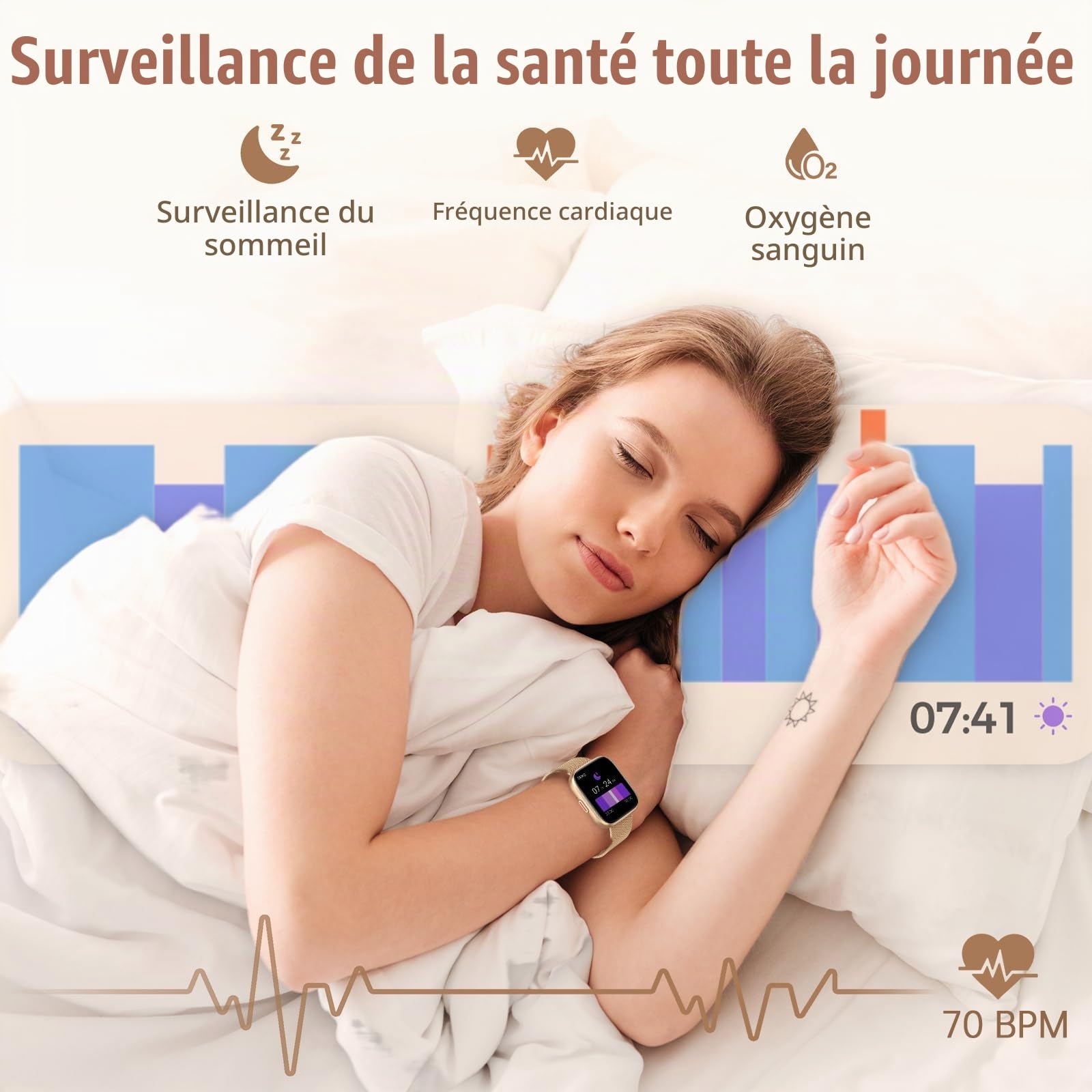 Montre Connectée Femme, 1.91" HD Smartwatch Fonction Féminine avec Appel Bluetooth 5.4, 120+ Modes Sportifs, 200+ Cadrans personnalisés, 24H Moniteur Sommeil/FC/SpO2, Android iOS, Or Rose