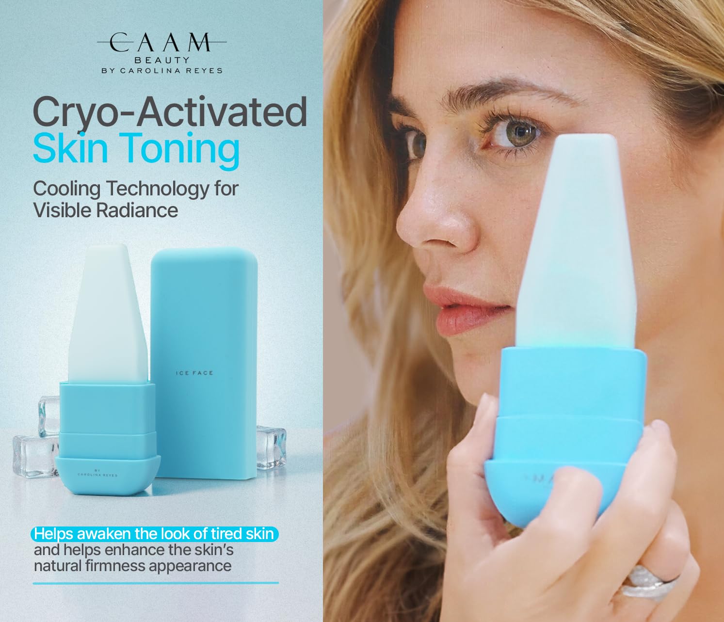 ICE FACE by CAAM BEAUTY | Facial Cryotherapy Roller for “Face & Neck | No-Drip Silicone | Depuff, Firm & Tone | Patented | Designed by Carolina Reyes