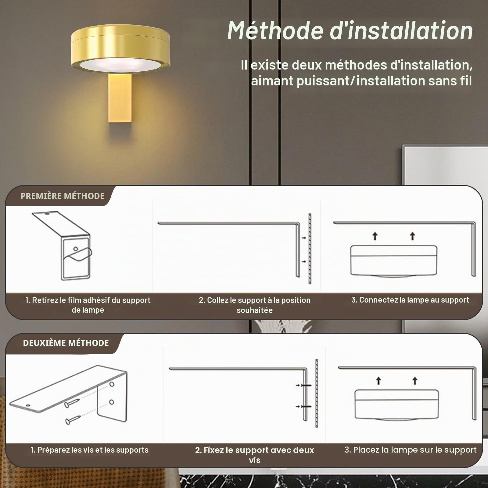 Lot de 4 lampes pour tableau sans fil avec 3 températures de couleur, lumière d'image avec télécommande, éclairage mural sans fil, minuterie à intensité variable, doré