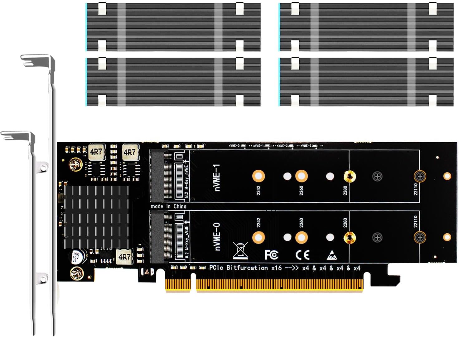 GLOTRENDS PA41 Quad M.2 NVMe to PCIe 4.0 X16 Adapter with 4 Sets of M.2 Heatsink