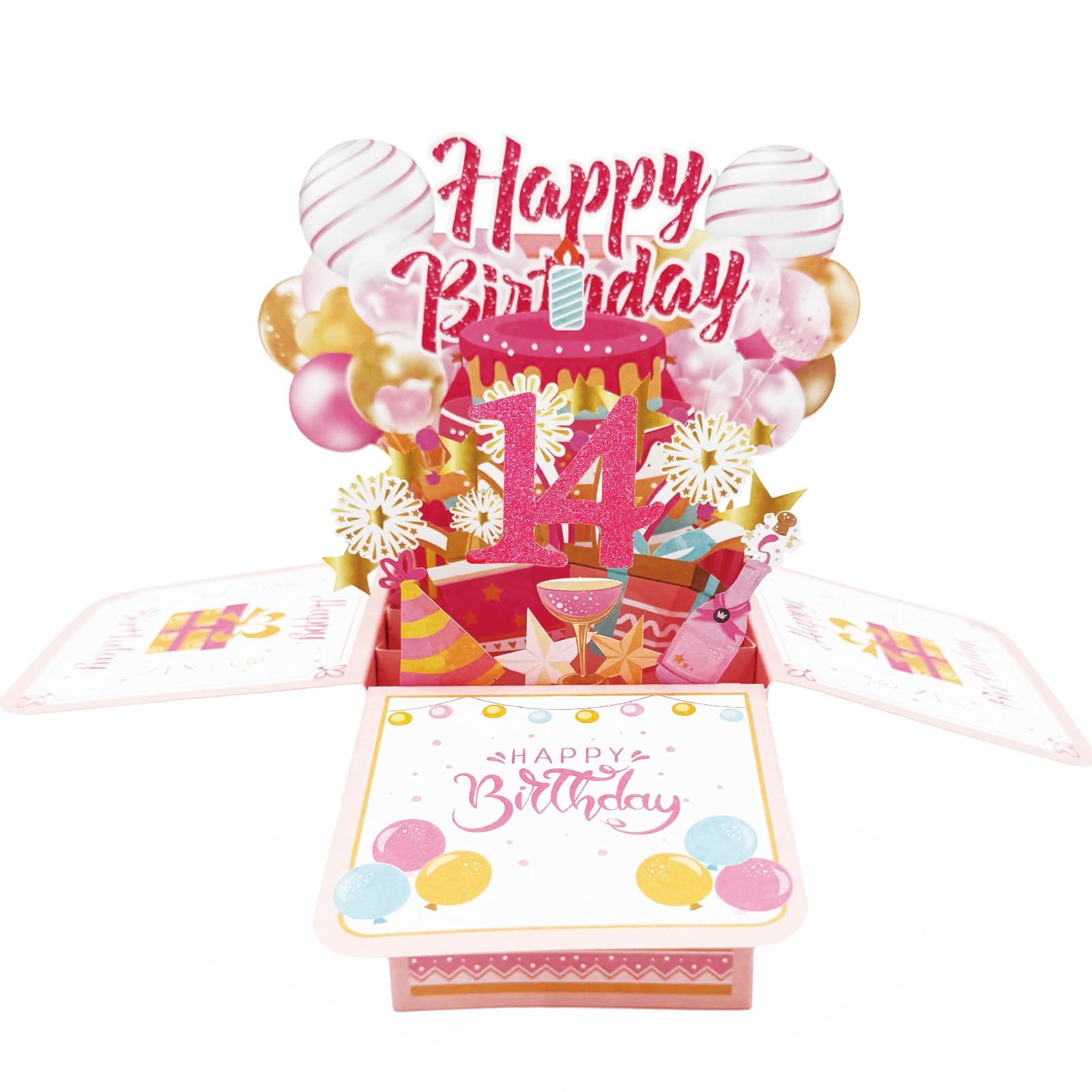Asmallgf Happy 14th Birthday Gifts Decorations for Girls Boys, Funny 14 Birthday Popup Card with Envelope, Money Box for 14 Years Old Daughter Niece