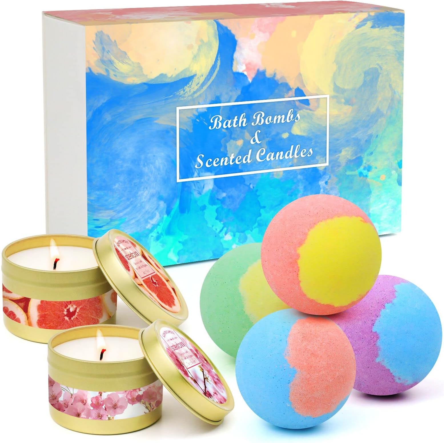 LA BELLEFÉE Bath Bombs Scented Candles Set, Handmade Essential Oil Stress Relief Bathbombs Spa, Bath Bombs for Women Gifts for Her, Decoration Moisturize Dry Skin (4 Bath Bomb+2 Candles)