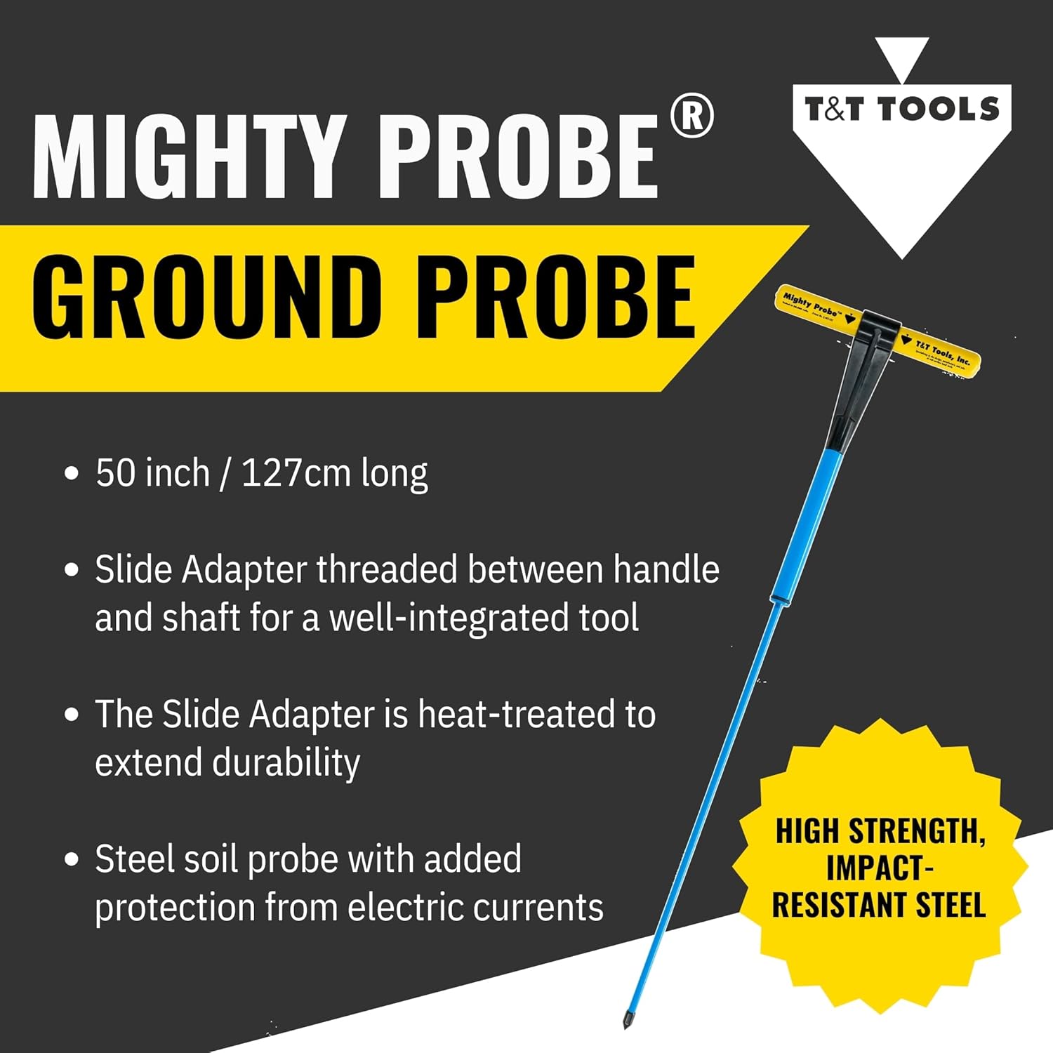 T&T Tools Mighty Probe With Slide Adapter - Mini Hammer Probe, Professional Soil Sampling Tool for Septic, Drainage, Landscaping and Utility Inspection, Durable 3/8 Metal Hex Rod, 50 Inch (127cm long)