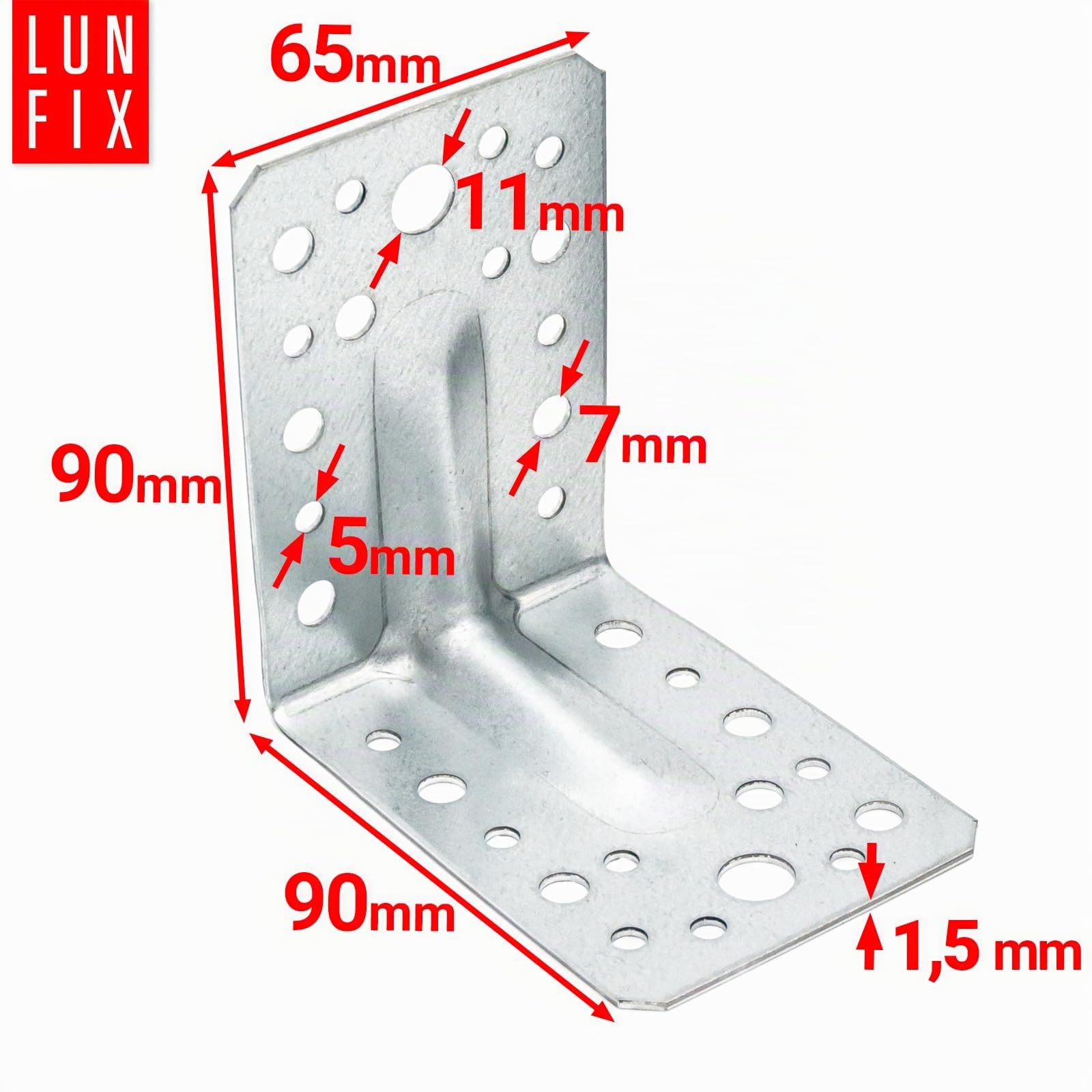 50 Equerre metal renforcées 90x90x65x1,5 mm, connecteurs bois galvanisés avec nervure, équerre support d'angle droit perforée pour menuiserie, fixation meuble, clôture, construction bois