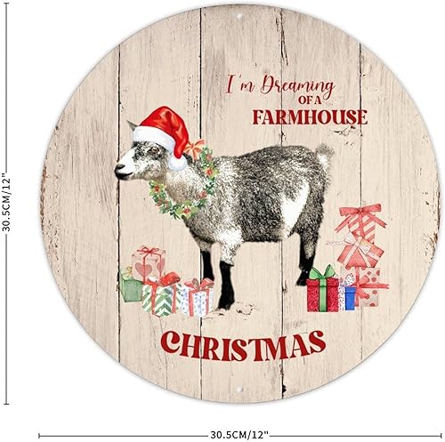Miniatura 2 de Letrero de metal redondo de bienvenida con texto en inglés "I'm Dreaming A Farmhouse Christmas", diseño de vaca y animales de Navidad, decoración