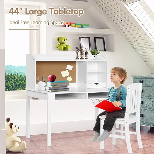 Miniatura 7 de Costzon Juego de escritorio y silla para niños, escritorio de estudio para niños con silla, gabinete, almacenamiento, cajones, estantes, tablero de