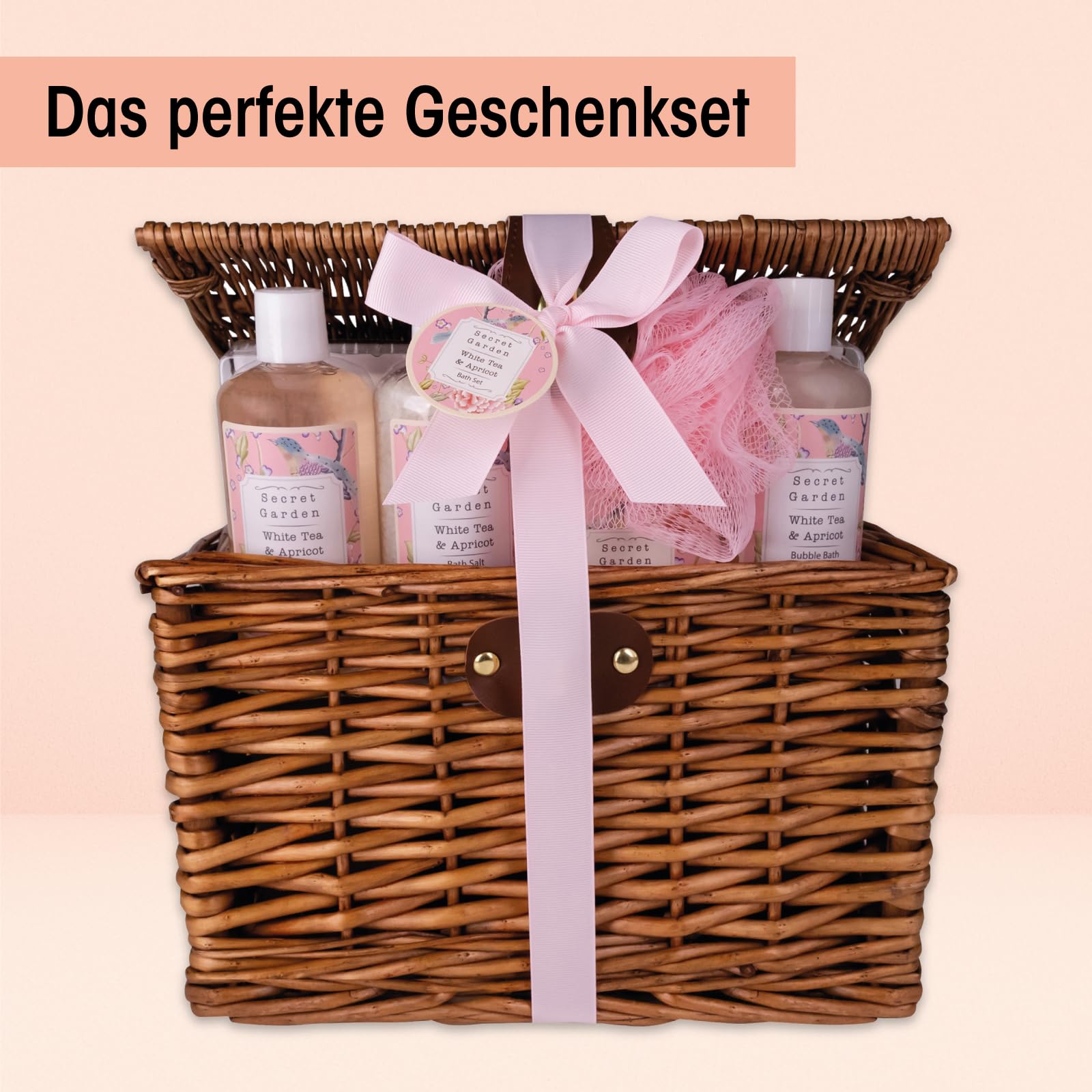 Set regalo Accentra SECRET GARDEN in un cestino da picnic in vimini, contenente gel doccia, bagnoschiuma, sali da bagno, sapone e spugna a rete, set per la cura del benessere da donna