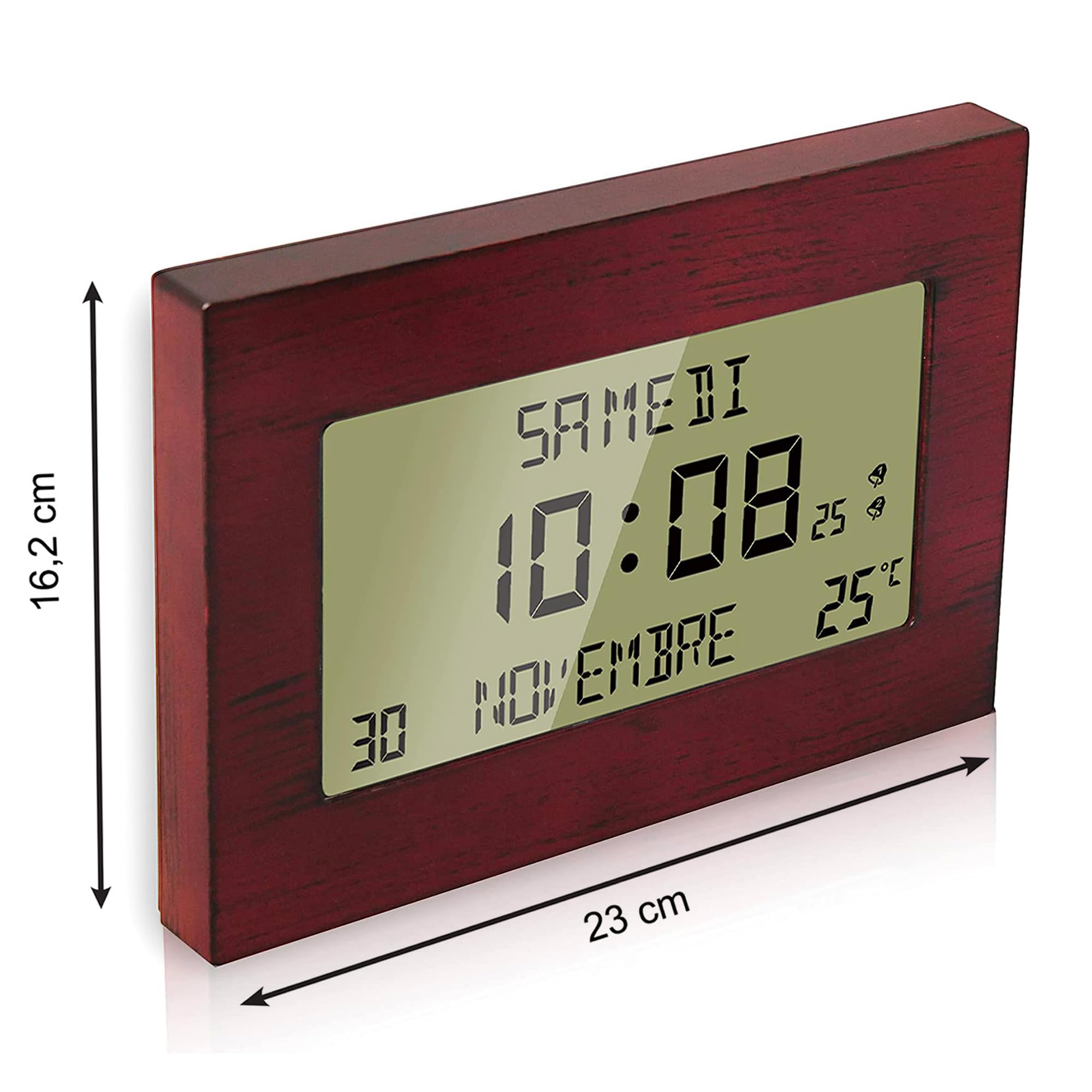 Fishtec Horloge Réveil Numérique Radiopilotée Motif Bois Grand Écran LCD Date Jour Température Double Alarme Snooze 23 x 16 cm