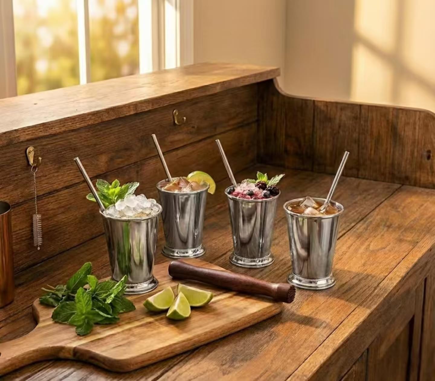 Southern Elegance 4-Pack Mint Julep Cups Gift Set - 12oz Stainless Steel Cocktail Glasses with Wooden Muddler, Straws & Brush - Metal Tumblers for Kentucky Derby, Wedding