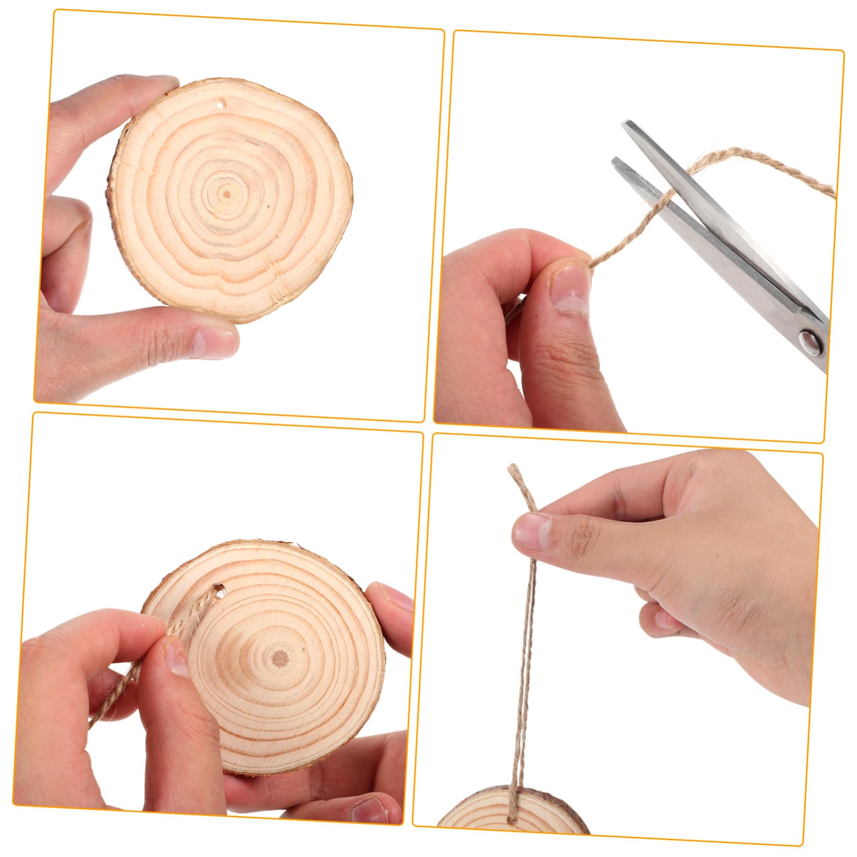 Unbehandelte Runde Holzscheiben 50 Stück mit Bohrung für Bastelprojekte | Holz, Braun, Rustikal Natürliche Optik, Inklusive 10m Jutegarn, für Weihnachten und Shops