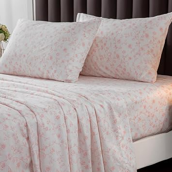 HYPREST Pink Floral Sheets Queen,Deep Pocket Sheets, 1800 Thread Count Pattrn Bed Sheets Soft Breathable Cute Aesthetic Shabby Chic Bed Sheets, Oeko-Tex Certificated- Up to 18 Inch