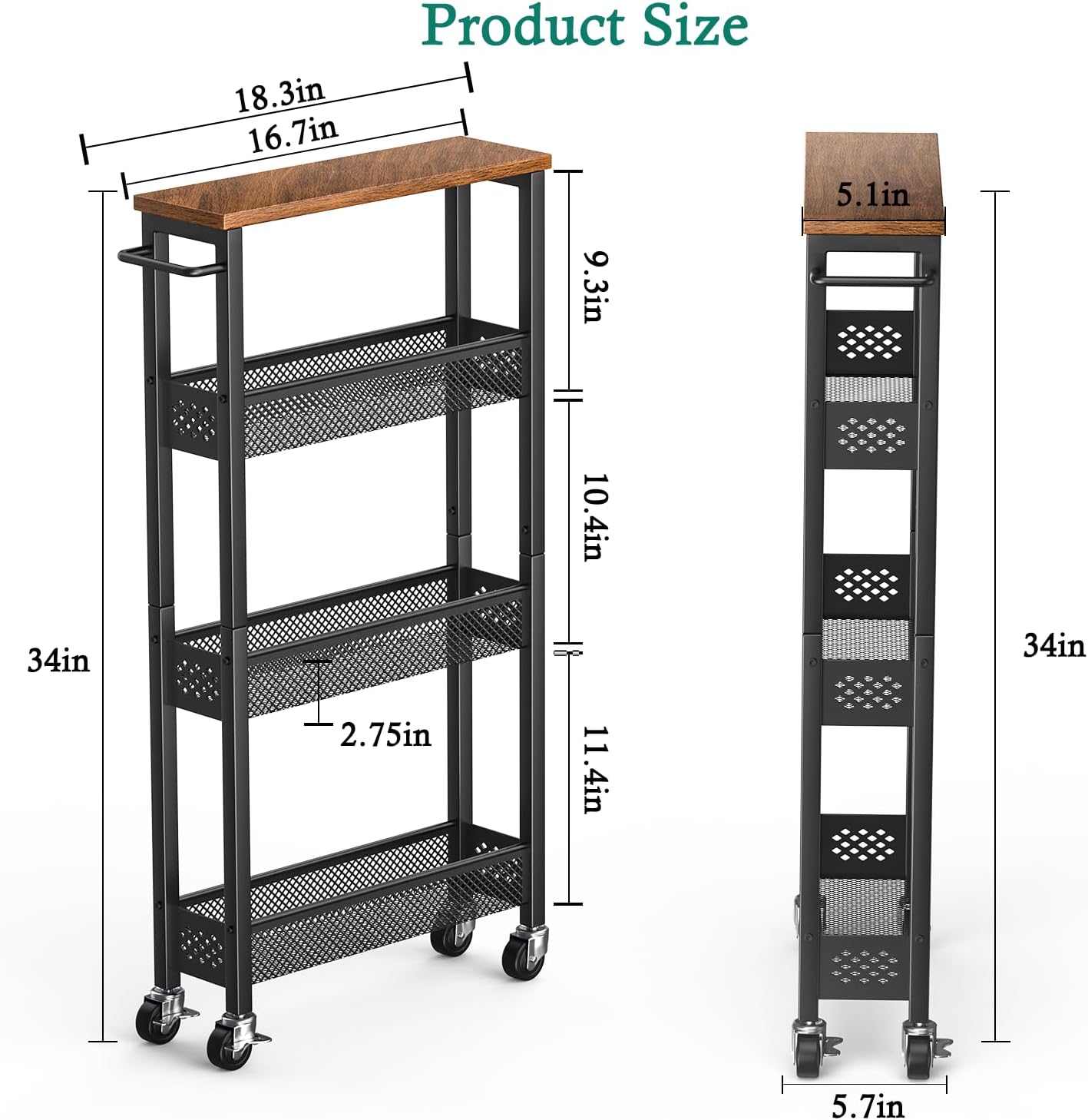 Slim Storage Cart 4 Tier Narrow Kitchen Rolling Cart on Wheels for Small Space, Mobile Utility Cart Shelving Unit with Wooden Top and Metal Handle for Kitchen, Bathroom, Laundry Room - Image 5