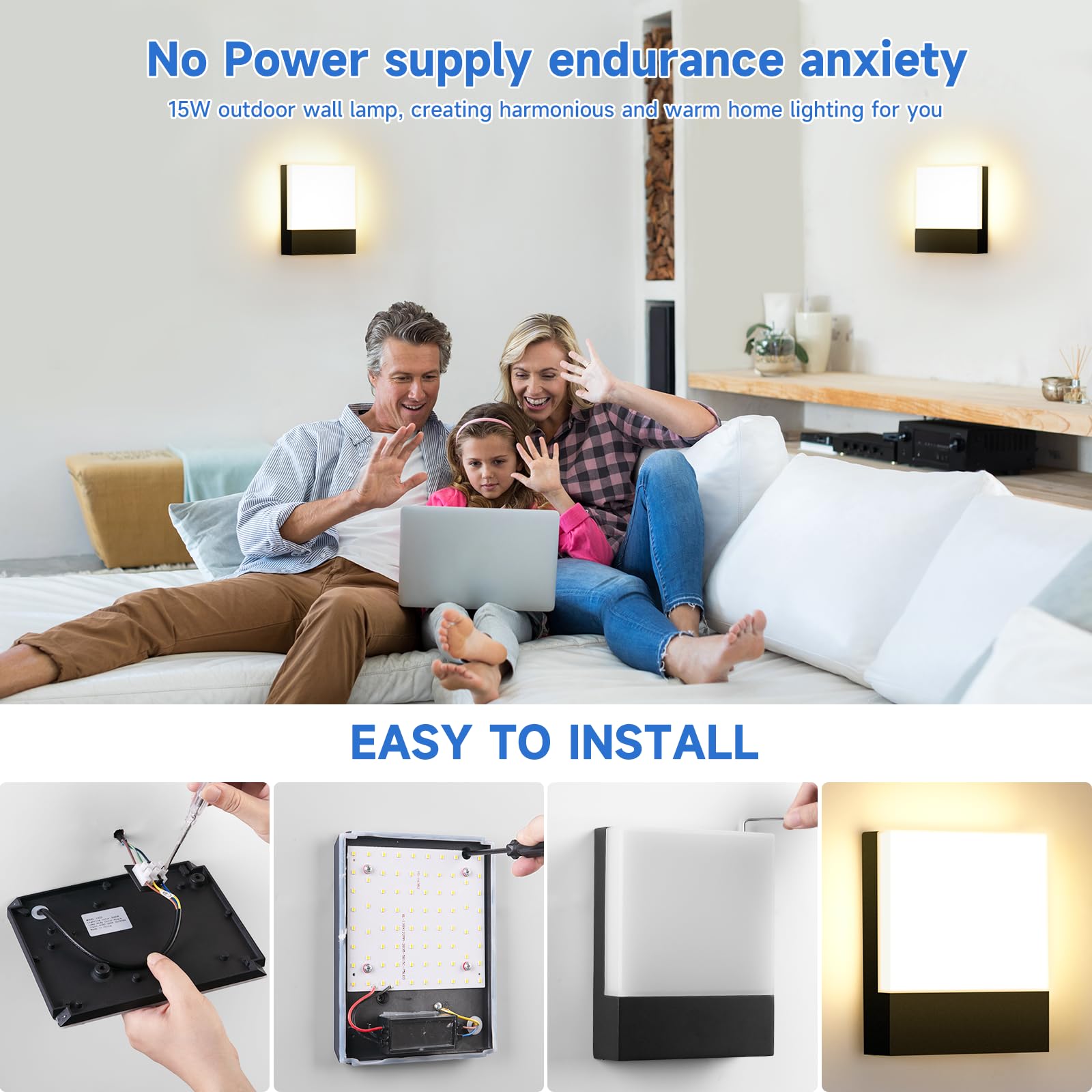 ledmo 15W Applique da Parete Esterno/Interno 3000K Bianco Caldo 2 Pezzi Applique Esterno IP65 Impermeabile Nero Lampade da Parete