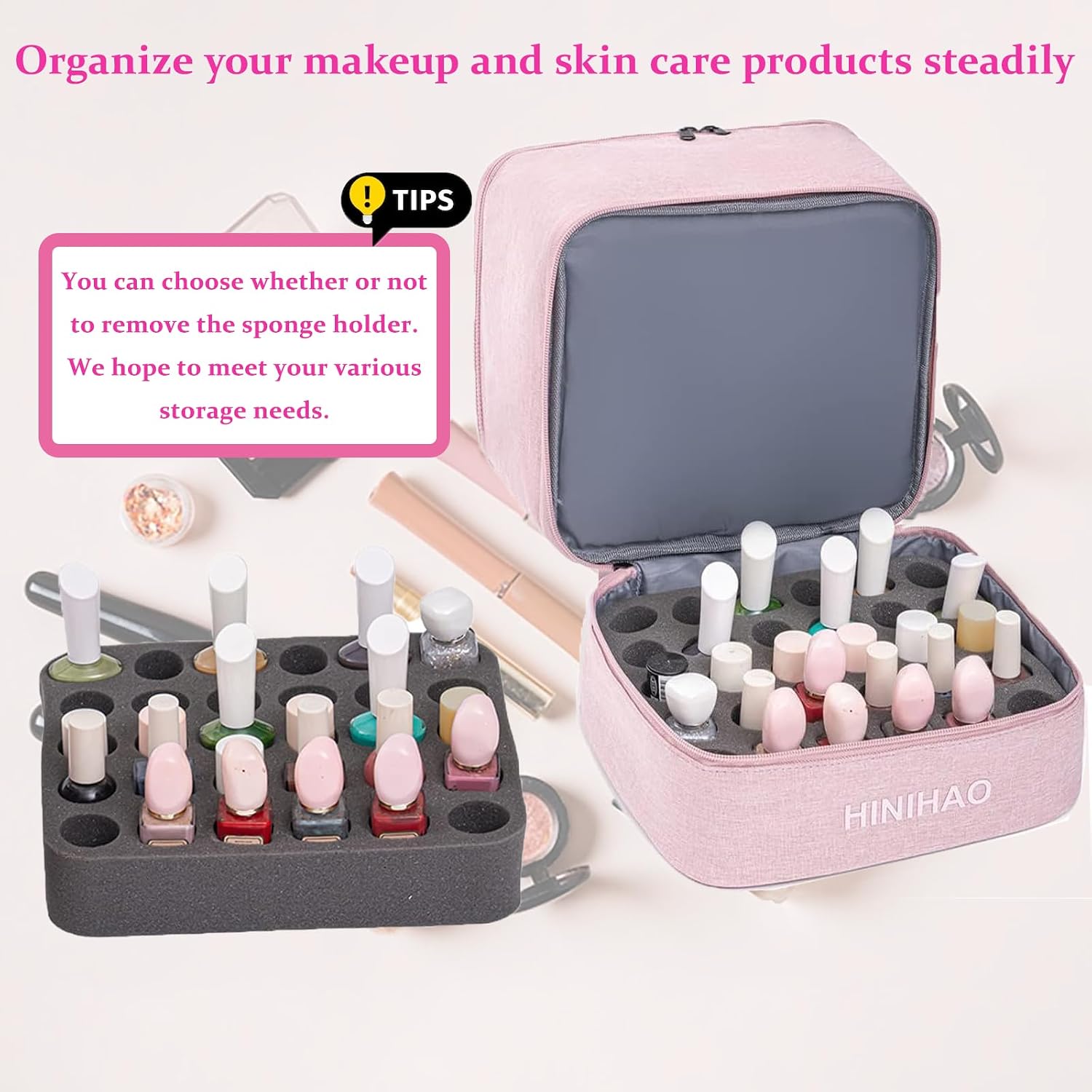 FAYYGYH Makeup Bag, Portable Cosmetic Bag, Travel Makeup Organizer With Handle and Divider, Double Layer Large Organizer Bag, Adjustable Dividers and Brush Organize area- Pink (makeup bag-lage)