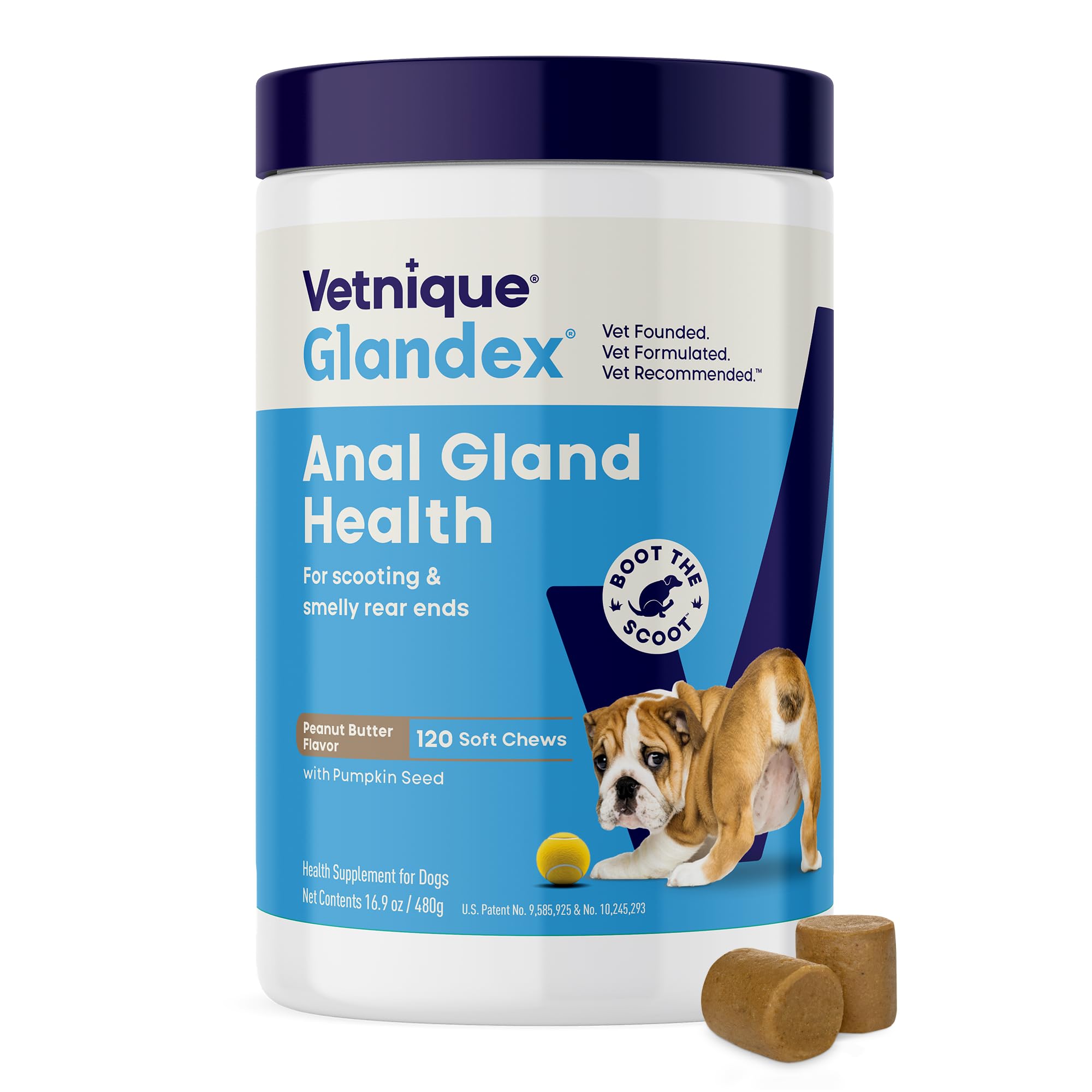 Vetnique Glandex Anal Gland Soft Chew Treats with Pumpkin for Dogs Digestive Enzymes, Probiotics Fiber Supplement for Dogs Boot The Scoot (Peanut Butter Chews, 120 Count)