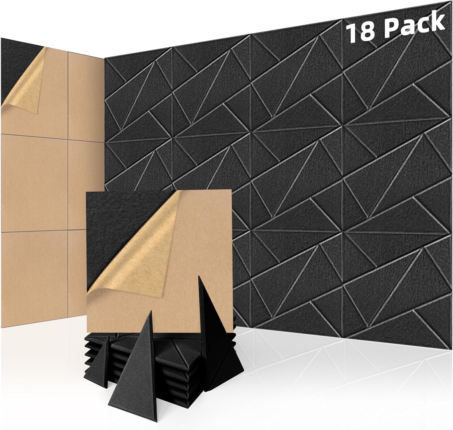 Art3dwallpanels 18 Pack Acoustic Panels 12" X 12" Soundproof Wall Panels Sound Dampening, 3D Self Adhesive Wall Decor Peel and Stick Absorbing Panels, Black