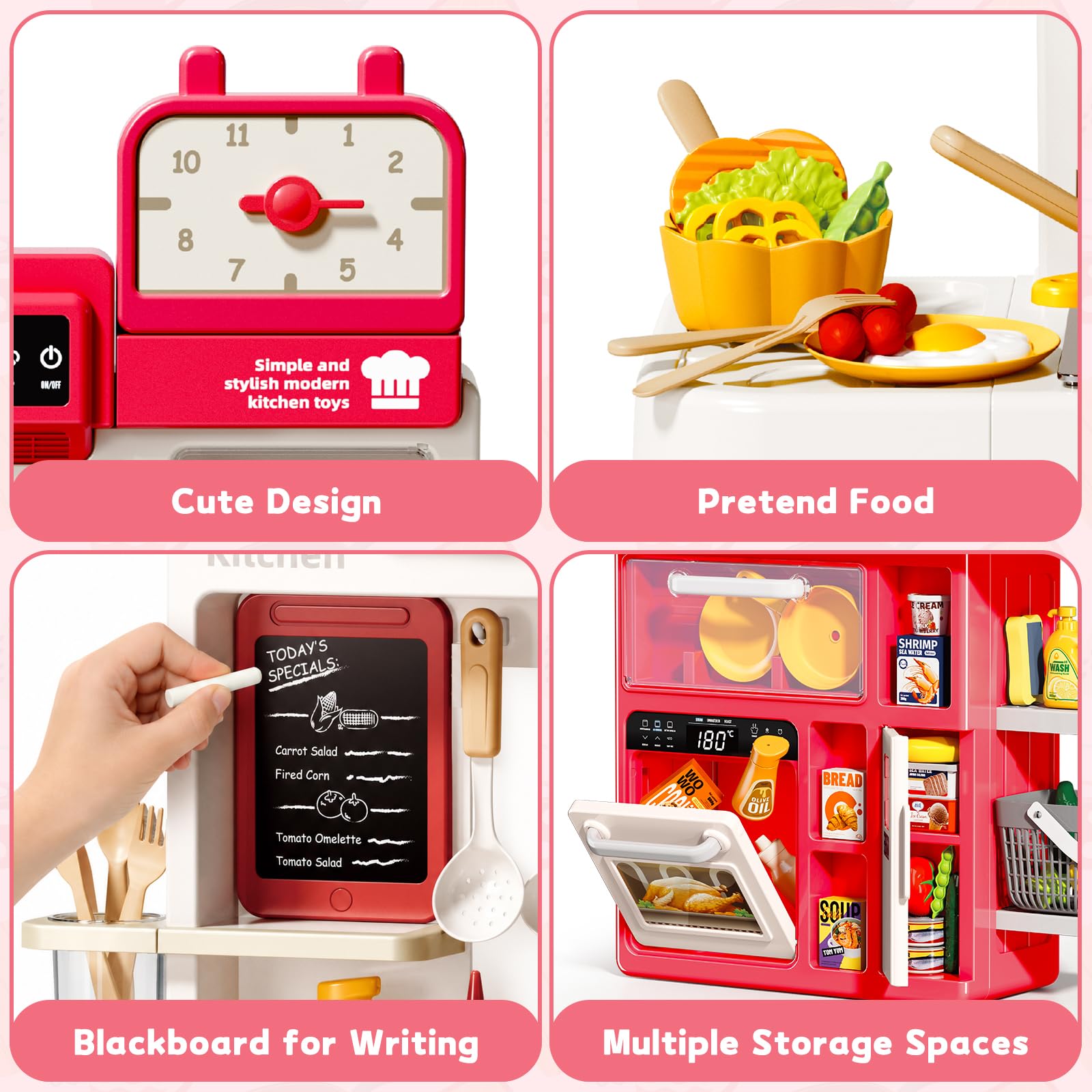 deAO Cucina Giocattolo per Bambini, 69 Pezzi con Luci, Suoni Cottura, Effetto Fiamma, Funzione Acqua con Vaporizzatore e Rubinetto, Fornello e Forno – Regalo 3+ anni(rosso)